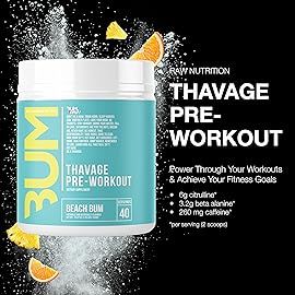 RAW Pre Workout Powder, Thavage (Beach Bum) - Chris Bumstead Sports Nutrition Supplement for Men & Women - Cbum Pre Workout for Working Out, Hydration, Mental Focus & Energy - 40 Servings