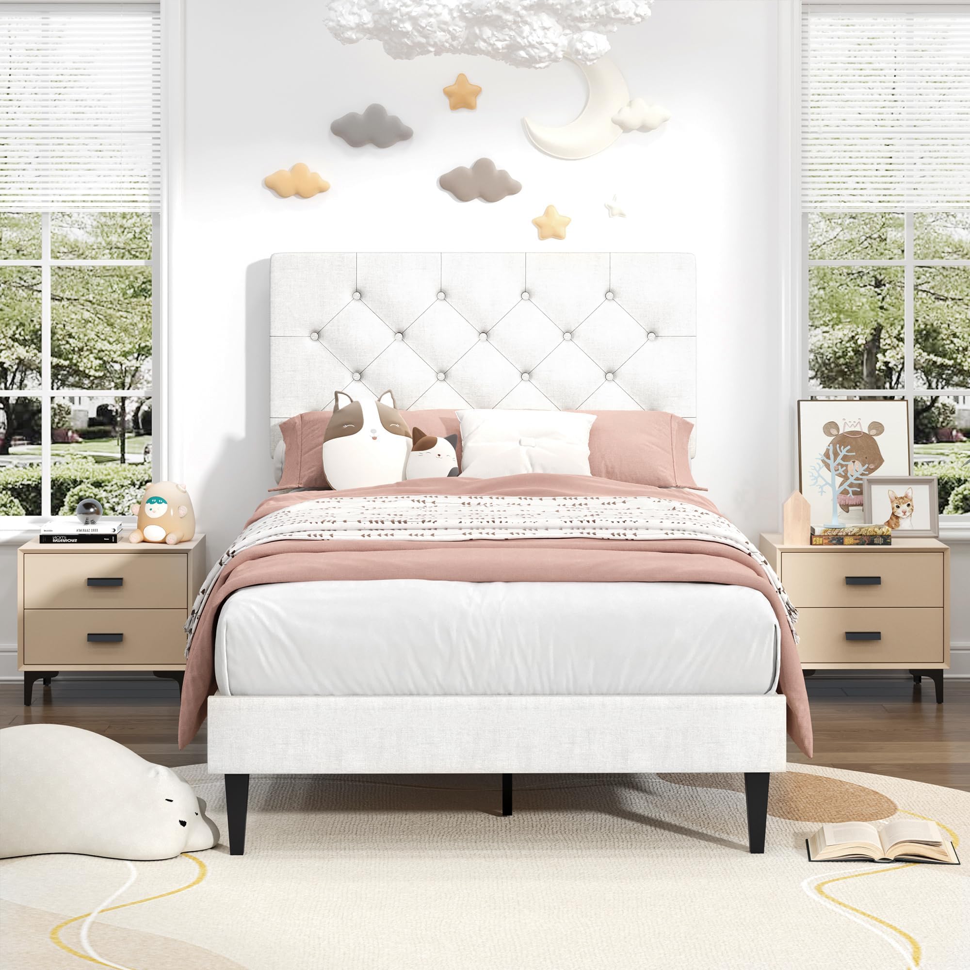 ウエストShapeパッドinベアトップス　ホワイト Amazon.com: Twin Bed Frame, Upholstered Platform Bed with