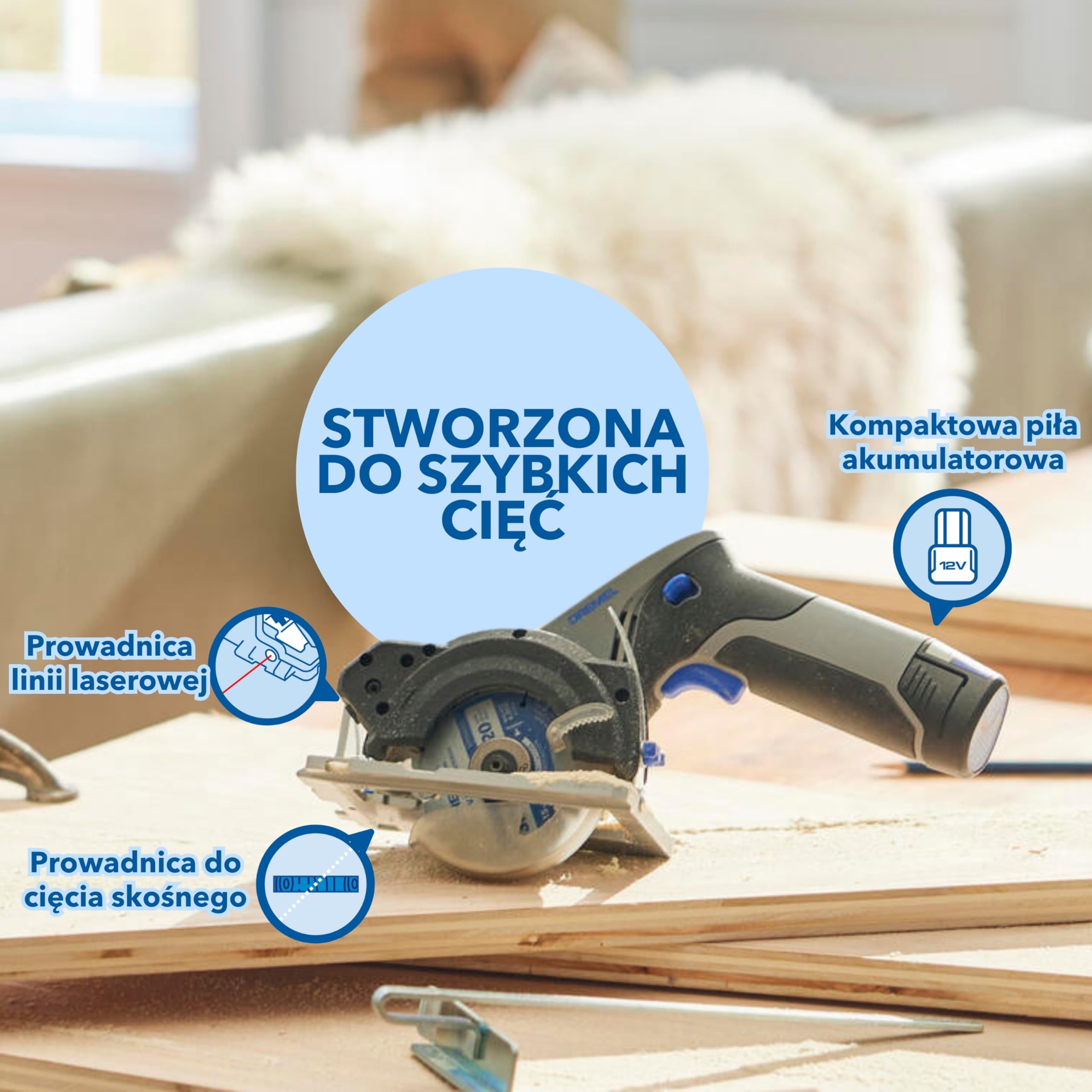 Dremel Blueprint CS12V-S1 akumulatorowa piła tarczowa z silnikiem bezszczotkowym z laserową prowadnicą liniową, prowadnica do cięcia ukośnego, 1 wielomateriałowa piła tarczowa, 1 akumulator 2,0 Ah +