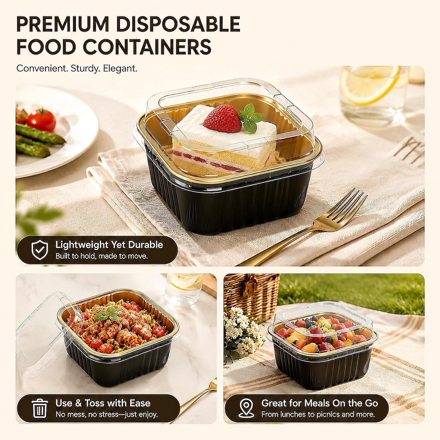 60 Pack 5oz Square Mini Cake Pans with Lids and Spoons Set, Black and Gold image 4