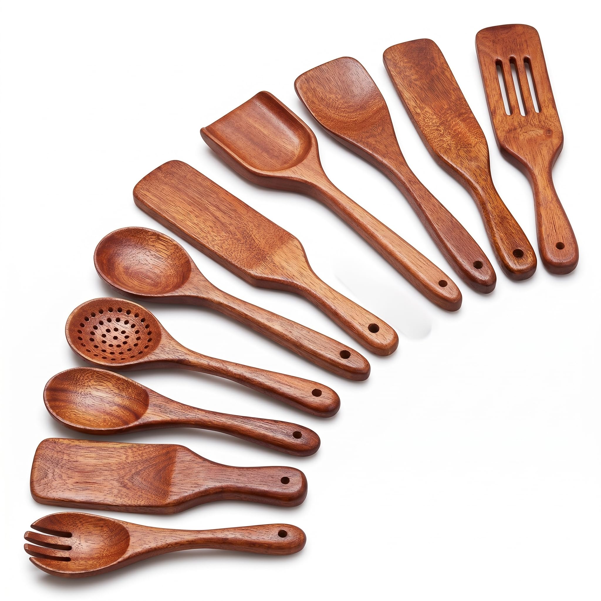 Juego de utensilios de cocina de madera: 10 cucharas de madera diferentes, espátulas de madera y espuelas de madera para cocinar en utensilios de cocina antiadherentes