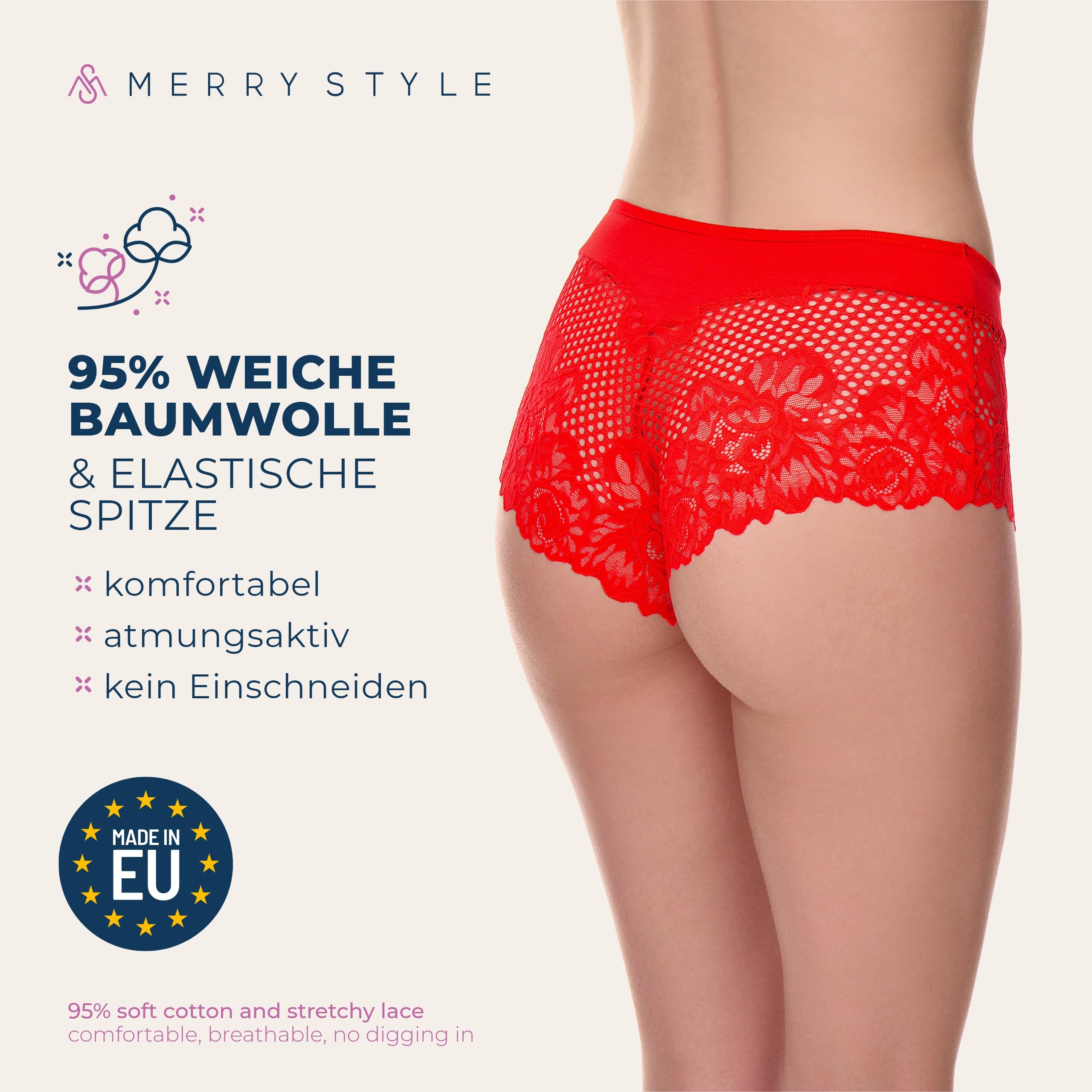 Merry Style Damskie majtki hipsterskie Hot Pants z koronką bielizna kwiatowy wzór MSGAB155