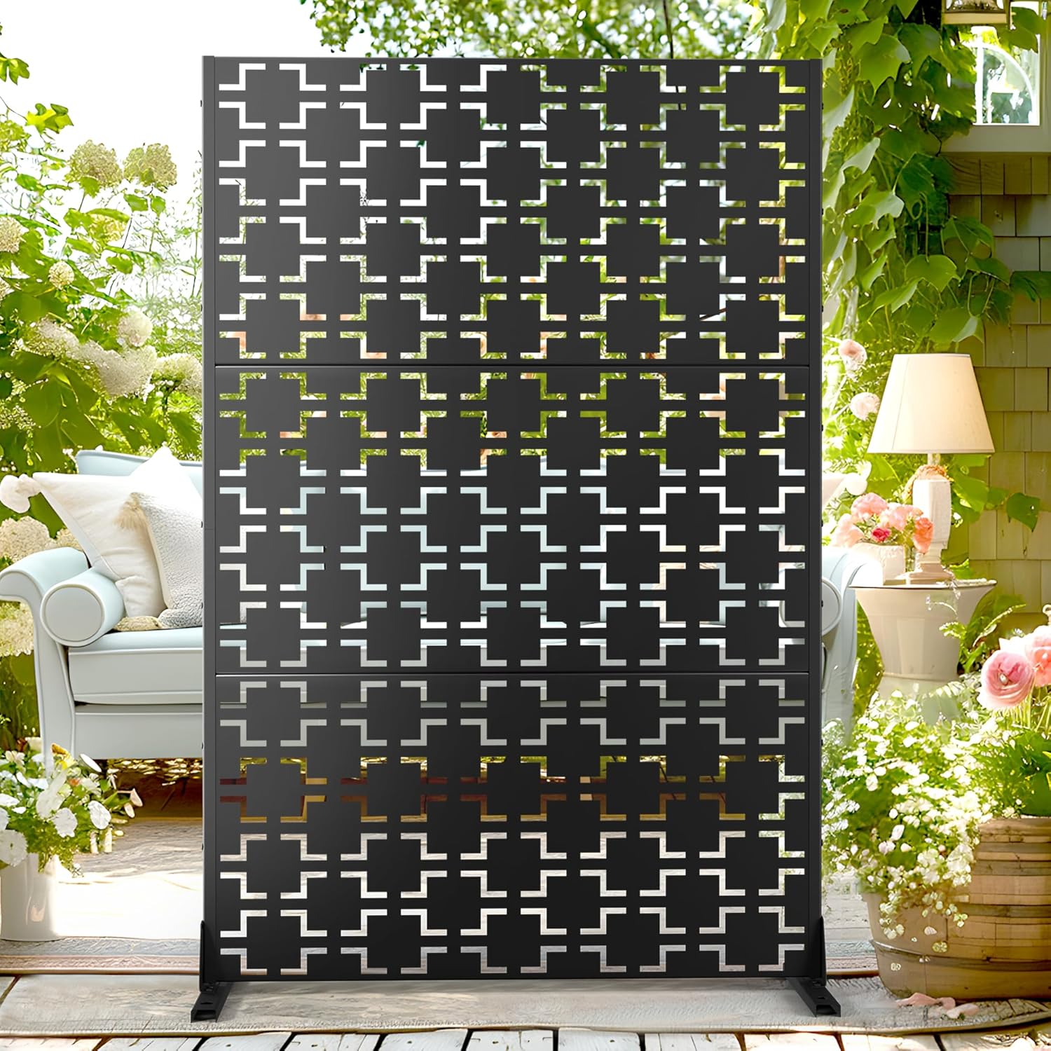 72" H×47" W Metal Privacy Screen Outdoor Privacy Screen Freestanding, Outdoor Privacy Screens and Panels for Patio Lawn Deck(Consists of 3 Panels) Black Square 72" H×47" W