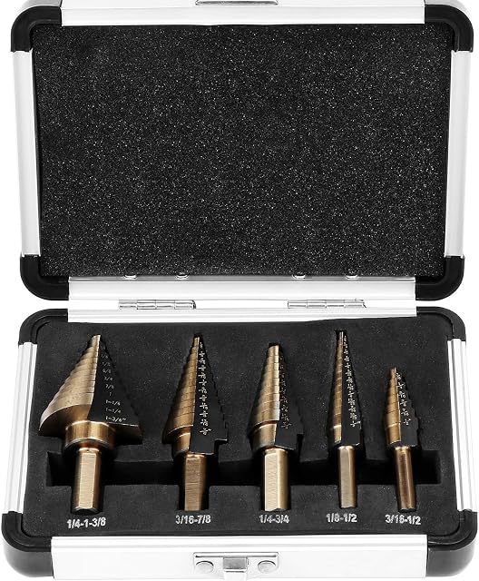 HSEAMALL 5PCS HSS High Speed Steel Step Drill Bit Set,50 Sizes Cone Drill Bit Set,Double Cutting Blades Hole Cutter for Wood, Stainless Steel, Sheet Metal