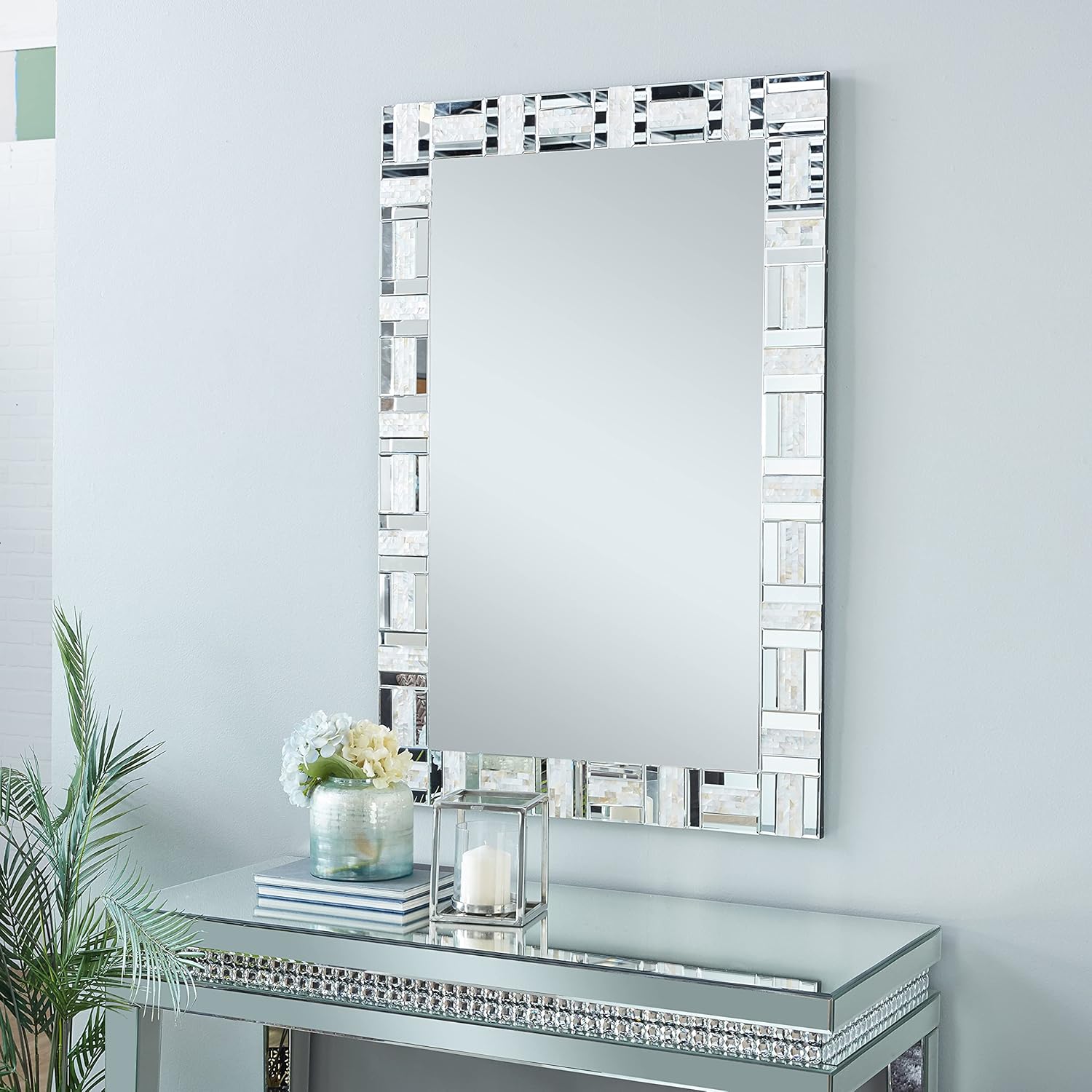 Deco 79 Glass Room Wall Mirror Geometric Entryway Mirror, Wall Mounted Mirror 32" x 1" x 47", Silver