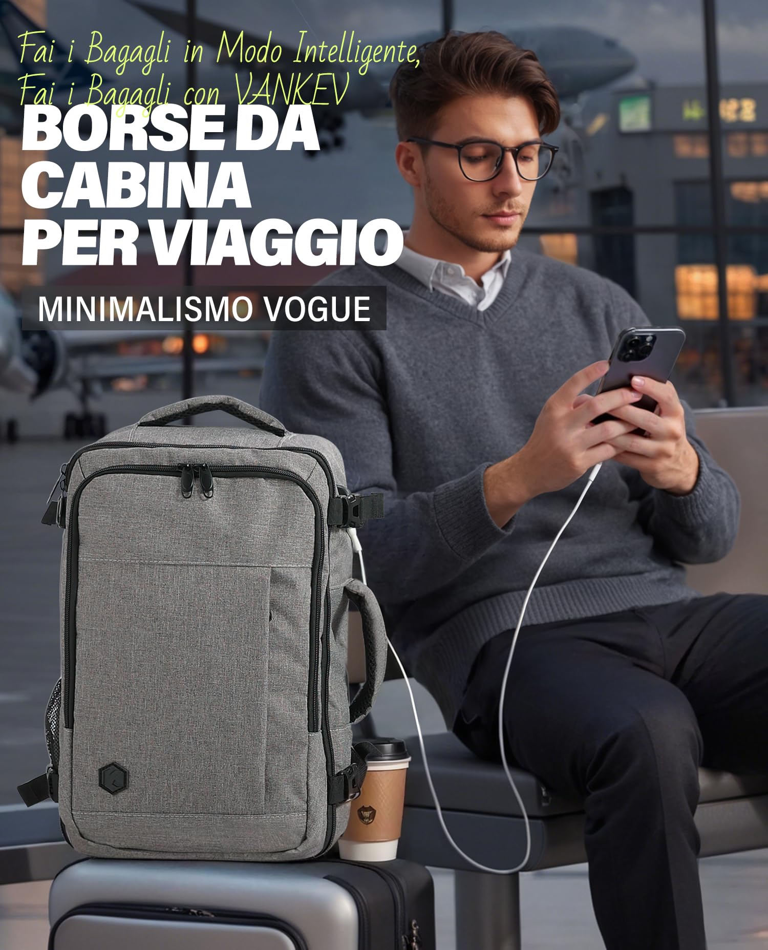 VANKEV Zaino Easyjet 45x36x20 Zaino da Viaggio Aereo Bagaglio a Mano 30L Donna Uomo per PC Portatili 15.6 Pollici per Scuola Lavoro Trekking Grigio Chiaro