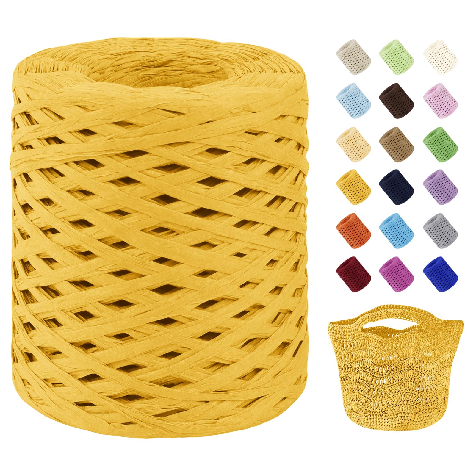 Uiopa Raffia Ribbon for Crochet, 3mm x 200m Raffia Paper Ribbon Straw Crochet Yarn for Crocheting Beach Bags, Sun Hats, Home Decor, DIY Crafts (Yellow)