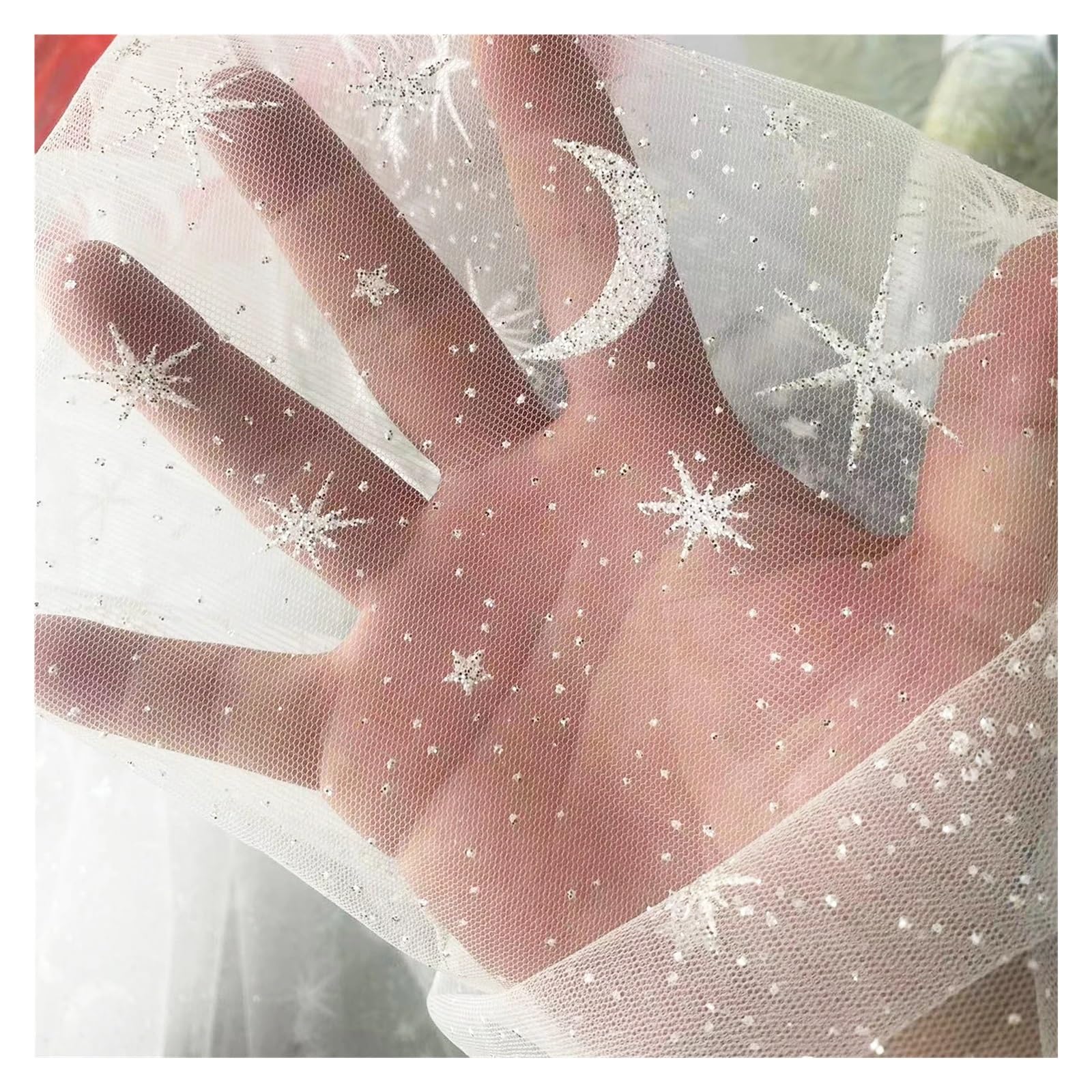 Tessuto per abito da sposa con stelle scintillanti e luna, morbido tulle bianco, sfondo fotografico, velo in tessuto per abiti da sposa, materiale fai da te (150 cm x 200 cm)
