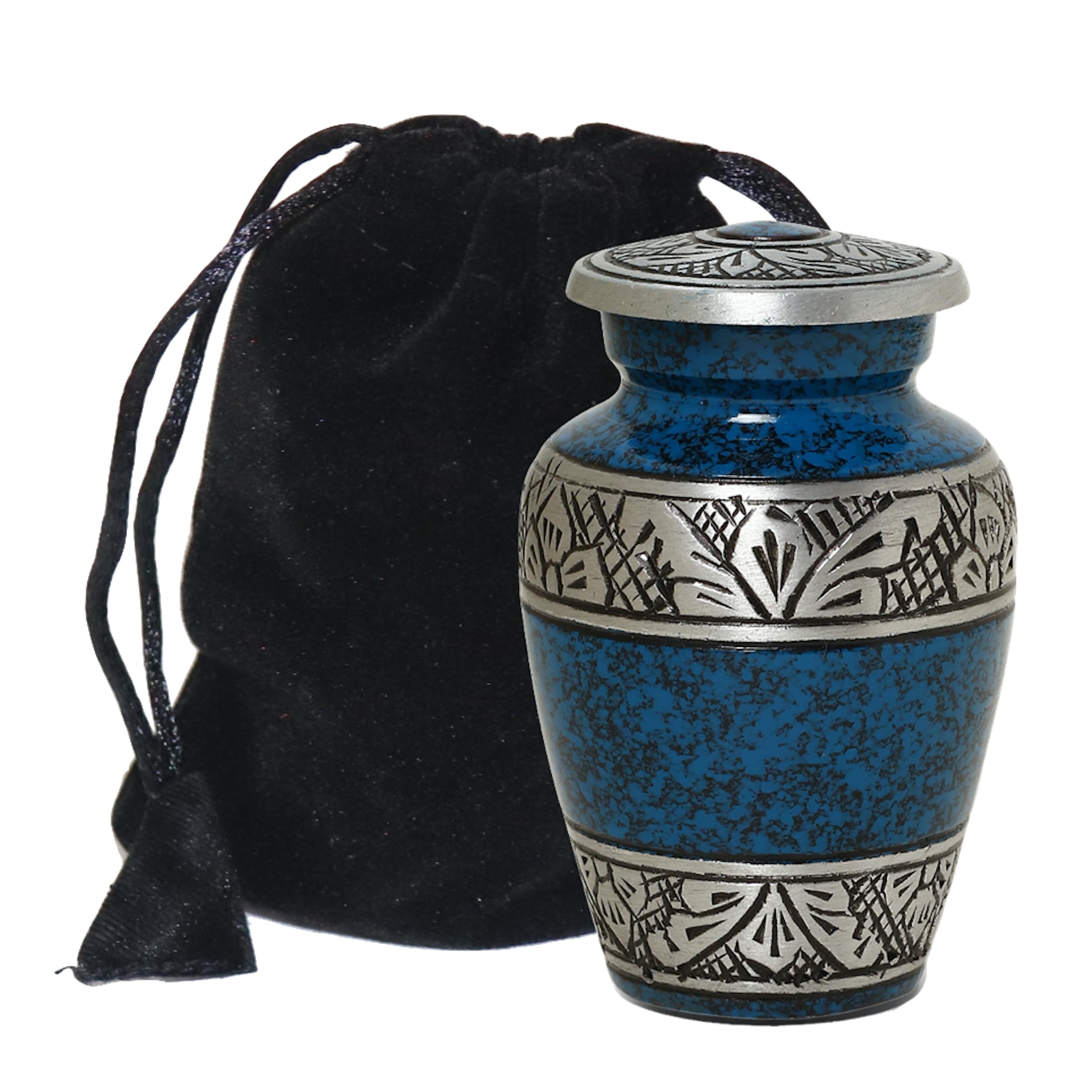 THE ASCENT MEMORIAL Blue Mini Keepsake Urns for Funeral Ashes Men Women - Beautifully Detailed Engraved Small Cremation Urns for Human Remains - Velvet Carry Bag - Paper Funnel - Gift Box