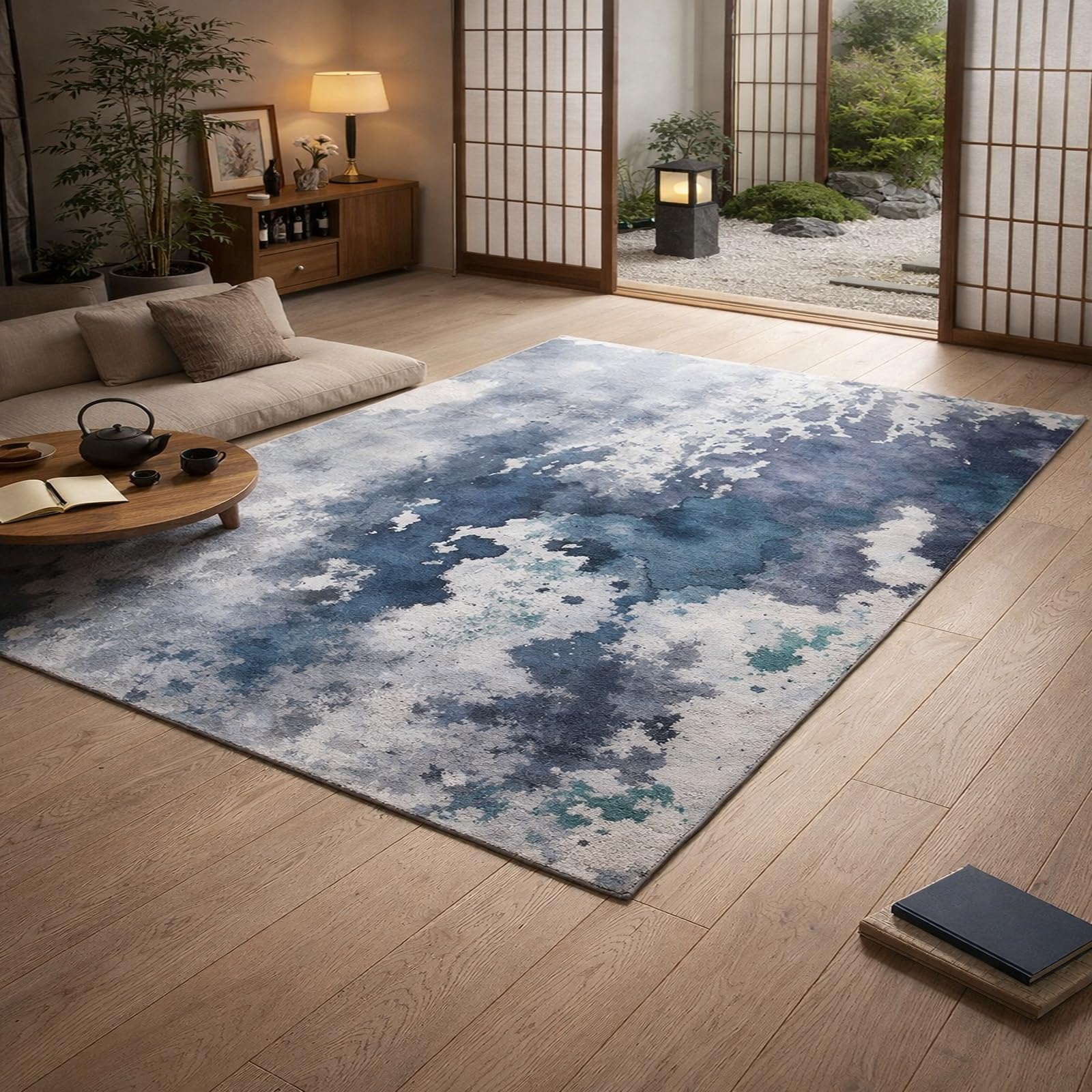 Tapis de salon bleu abstrait 170x240cm lavable et antidérapant Rururug