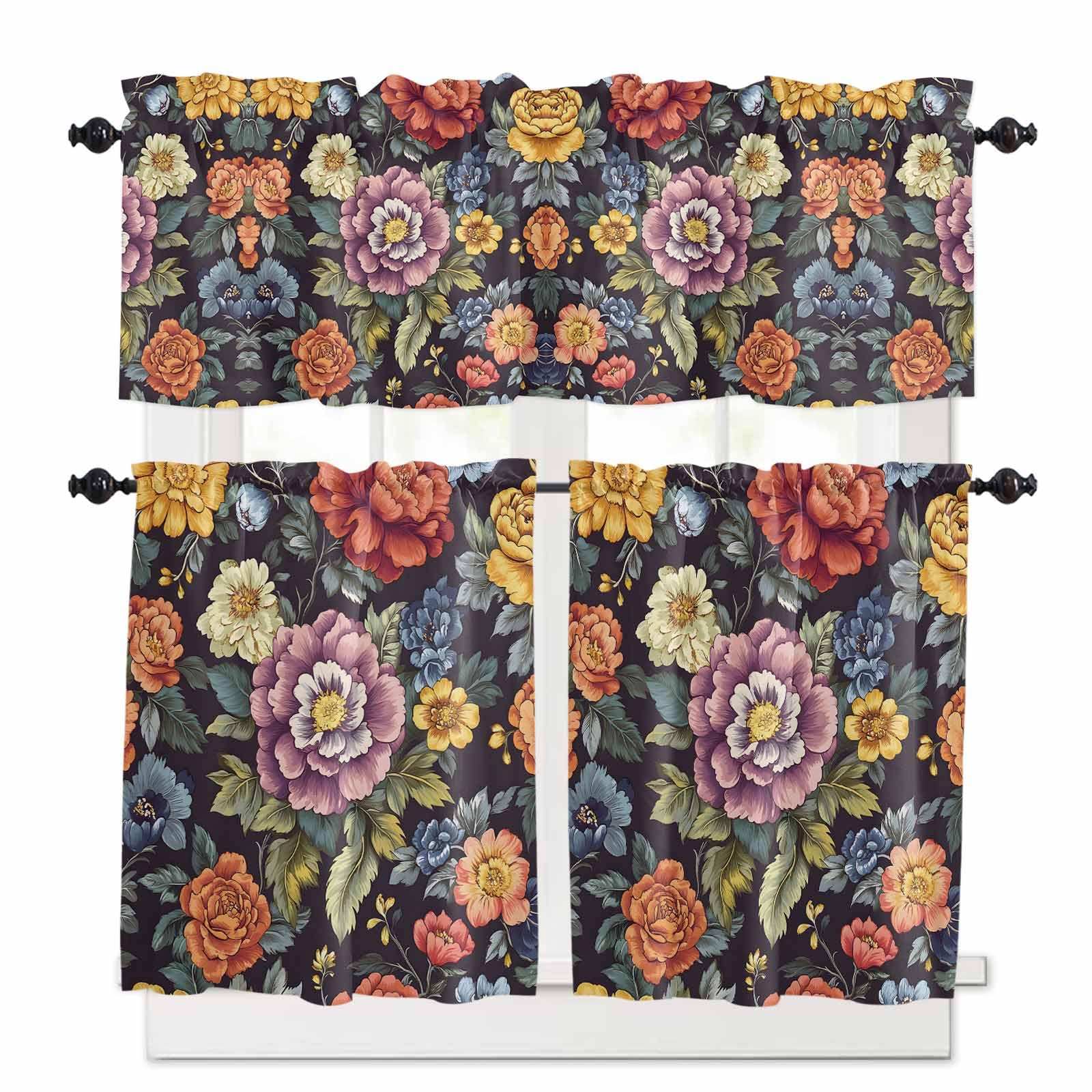Watercolor Flower Kitchen Curtains 36 Inch Length, 3 Piece Rod Pocket Small Half Tiers and Valance Set, Seasonal Botanical Blooms Spring Small Large Window Treatment Decor for Bedroom/Bathroom Sink