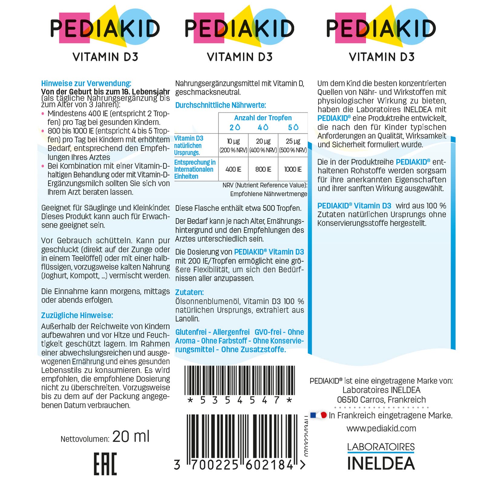 PEDIAKID - VITAMIN D3 - Optimiert die Vitamin-D-Versorgung - Trägt zur Aufnahme von Kalzium und Phosphor, zur Erhaltung von Knochen und Zähnen und zur Immunfunktion beiträgt - 3 x 20 ml