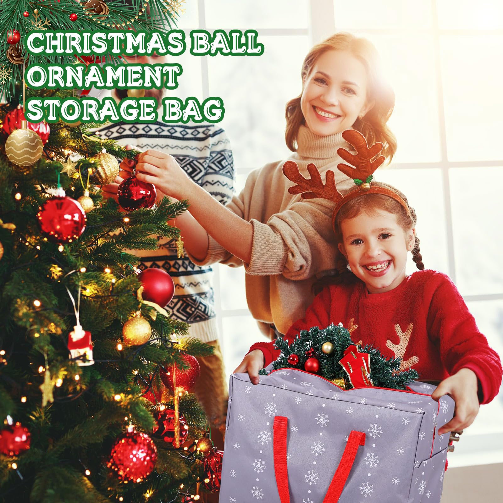 Abbylike 3 Pcs Christmas Tree Storage Bag 65 x 30 x 15'' Set, Christmas Wreath Storage Bag 30'' Grey Snowflake Ornament Storage Container 18'', Xmas Organizer 420d Waterproof Oxford Bags with Handle