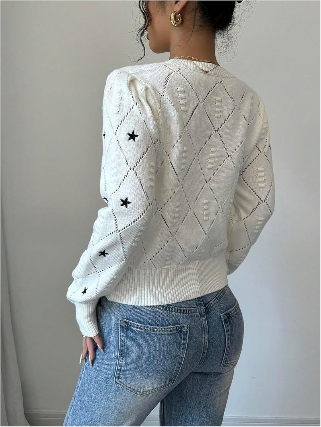 Women's Y2k Star Print Crochet Knit Crewneck Sweater Hollow Out Long Sleeve Pullover Knit Top - Image 2