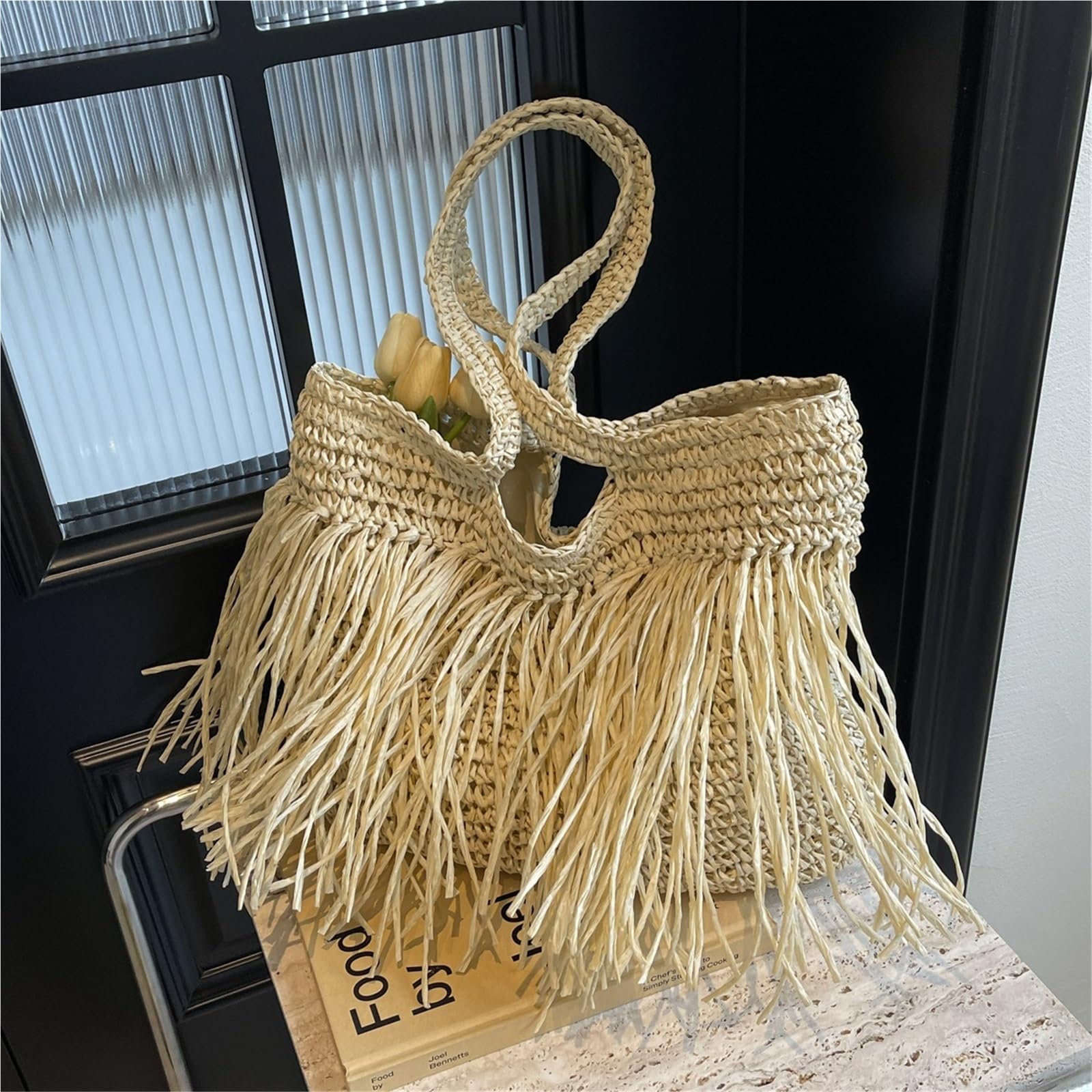 bolso mujer verano Bolsos de hombro tejidos con borlas informales for mujer, bolso mano grande for playa y verano, compras