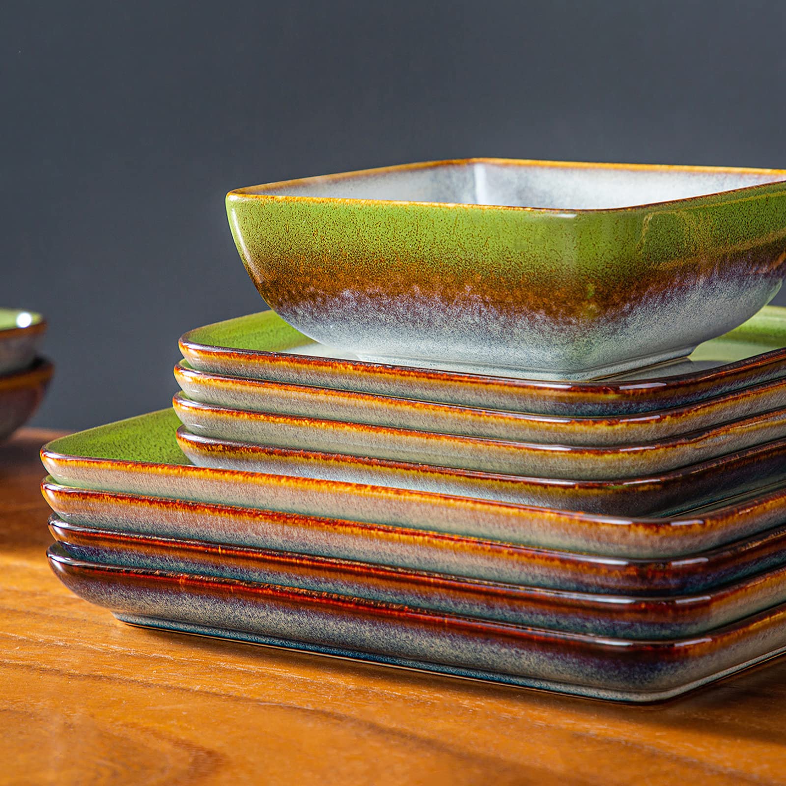Vancasso Stern Vaisselle de table en grès de forme carrée, glaçure réactive, 16 pièces, assiettes plates, assiettes à dessert, bols et assiettes creuses, pour 4 personnes, bleu-vert