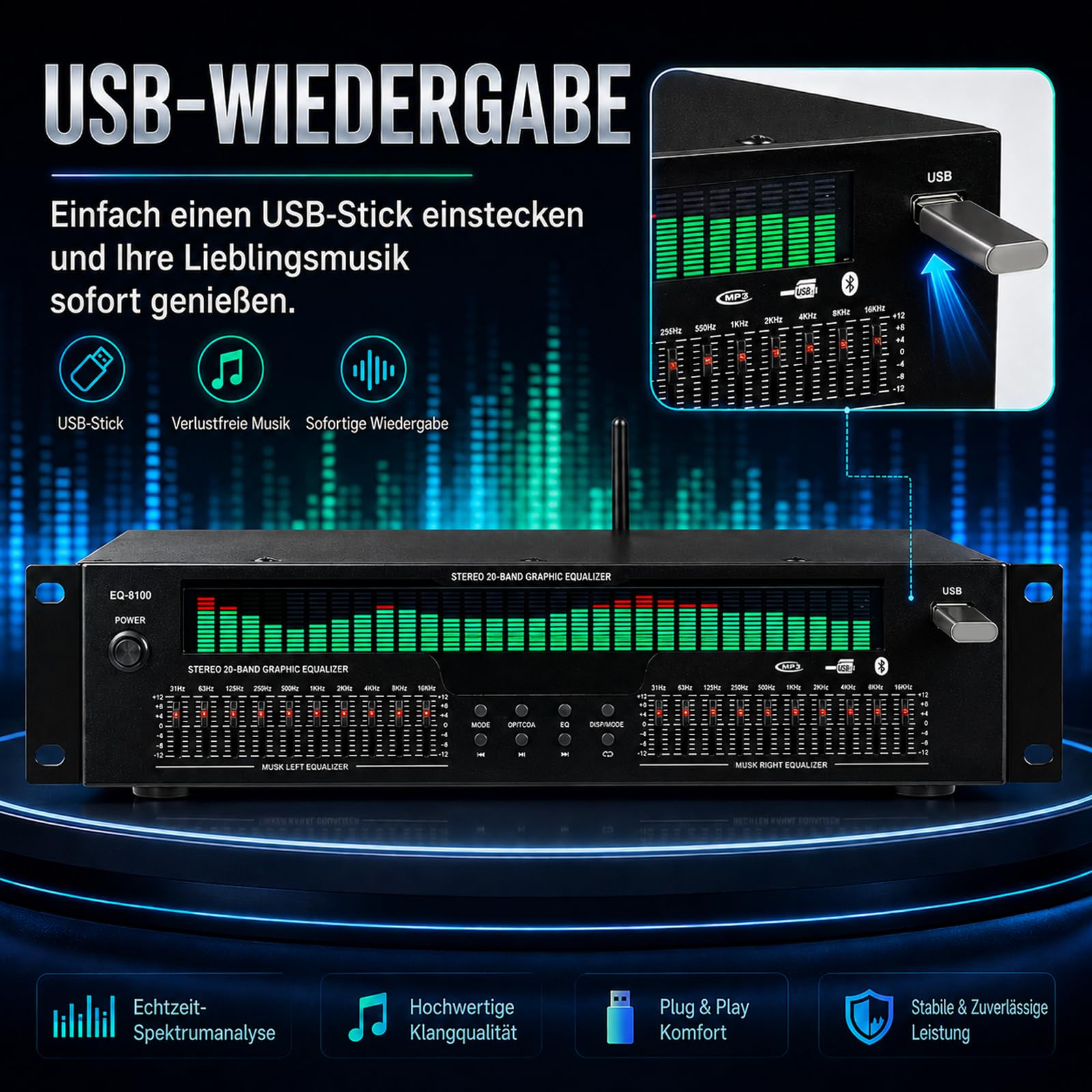 ‌Ecualizador de Sonido Digital 31 Bandas con Bluetooth 5.3 – Ecualizador HiFi Profesional con Pantalla LED de Espectro, Entrada Óptica/Coaxial/RCA/USB para Estudio, Cine en Casa y DJ‌