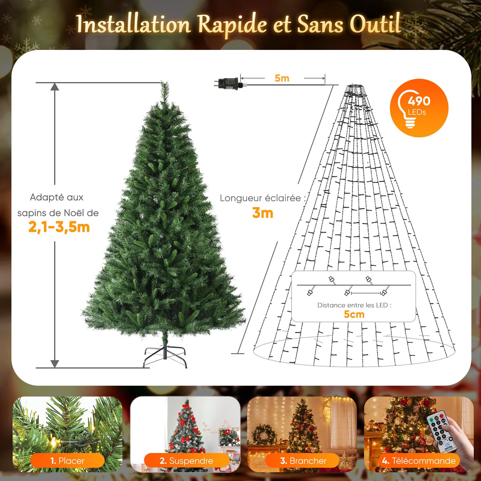 SALCAR Guirlande Lumineuse 490 LEDs pour Sapin de Noêl avec Télécommande, 3m x 14 exterieur Etanche Guirlande LED Sapin Décoration (2,1-3,5m sapin) pour Décoration Noël, Fête, Jardin