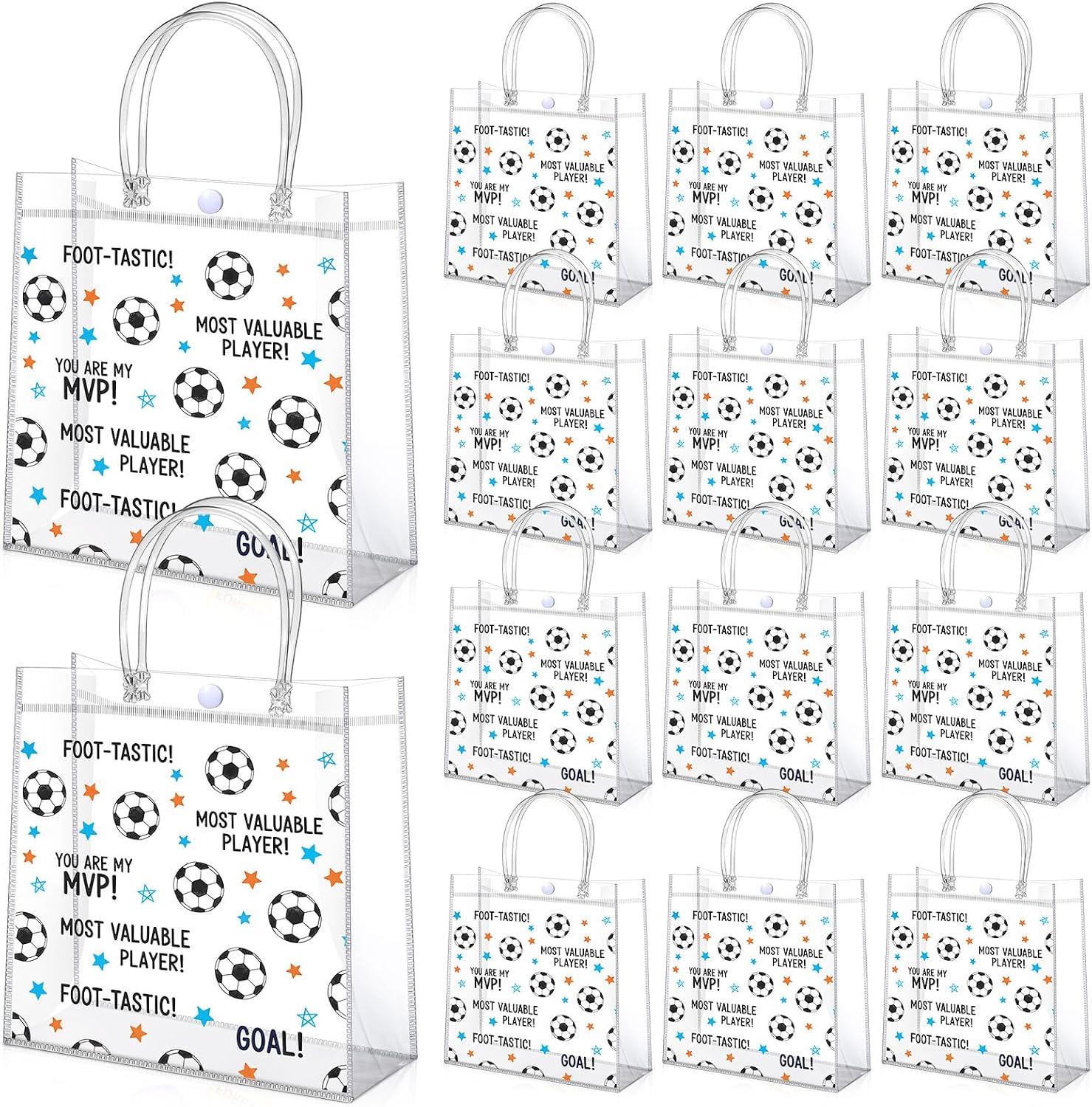 Aliceset 12 Pcs Soccer Gift Bags Bulk Transparent Soccer Goodie Bags with Handles Reusable PVC Gift Totes for Game Day Sports Birthday Parties Team Events Gifts Treat