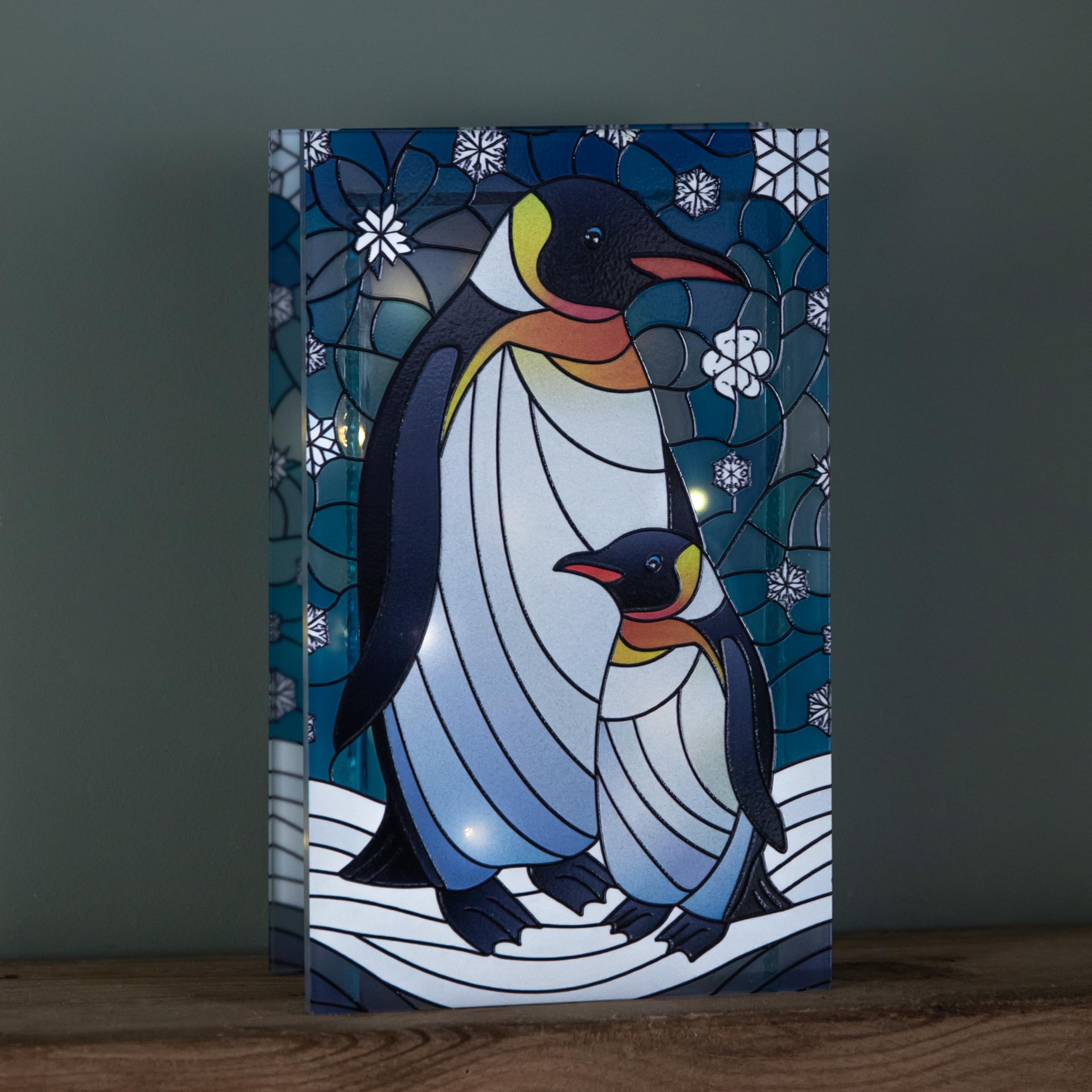 Rackhams Light 21Cm Battery Operated Up Double Sided Stained Glass Mother & Baby Penguin Decoration With Leds