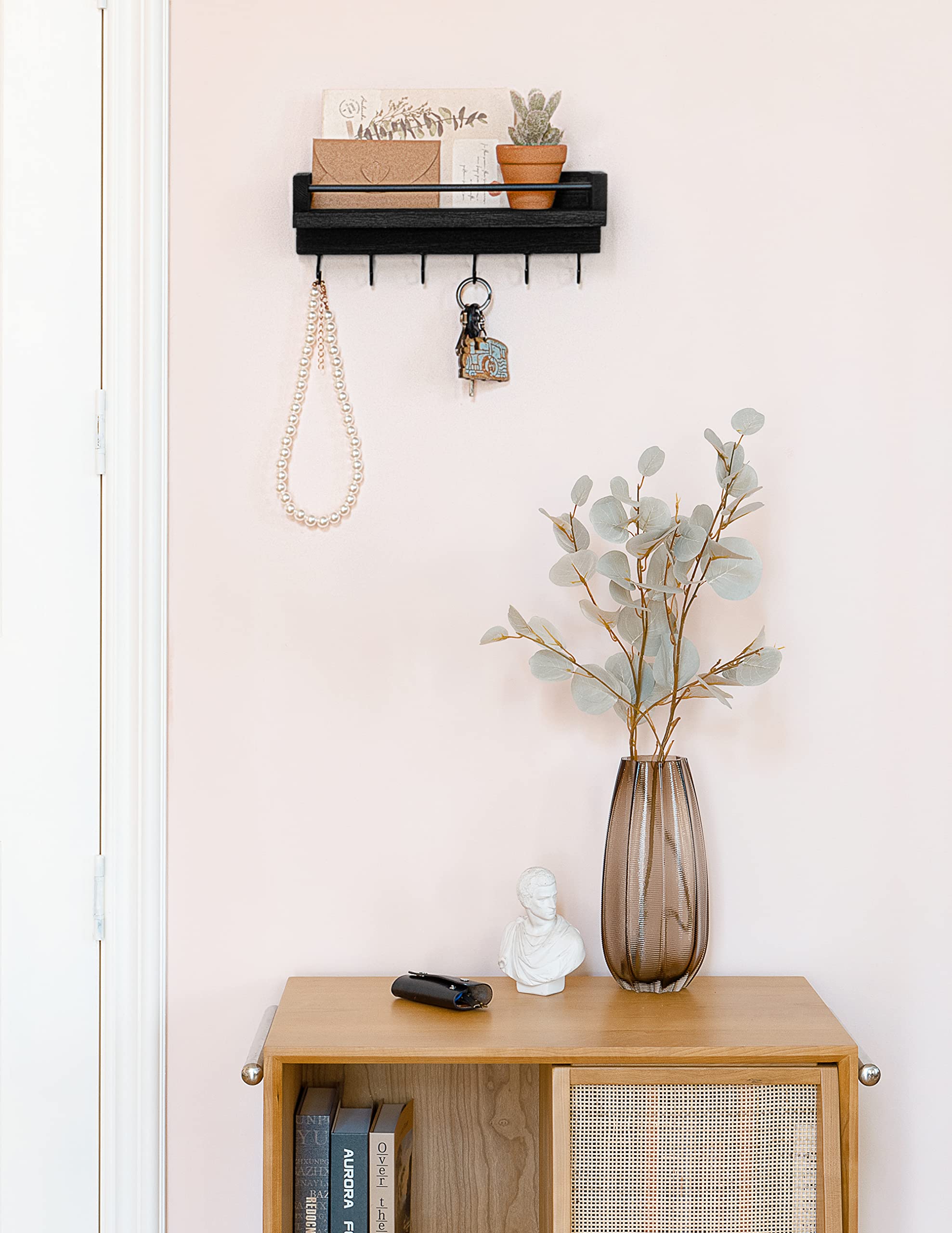 Mkono Key Holder for Wall Small Key Rack with 6 Hooks Decorative Display Keys Hanger Organizer Mail Holder for Hallway Entryway Living Room Office Home Decor (Black - Image 2