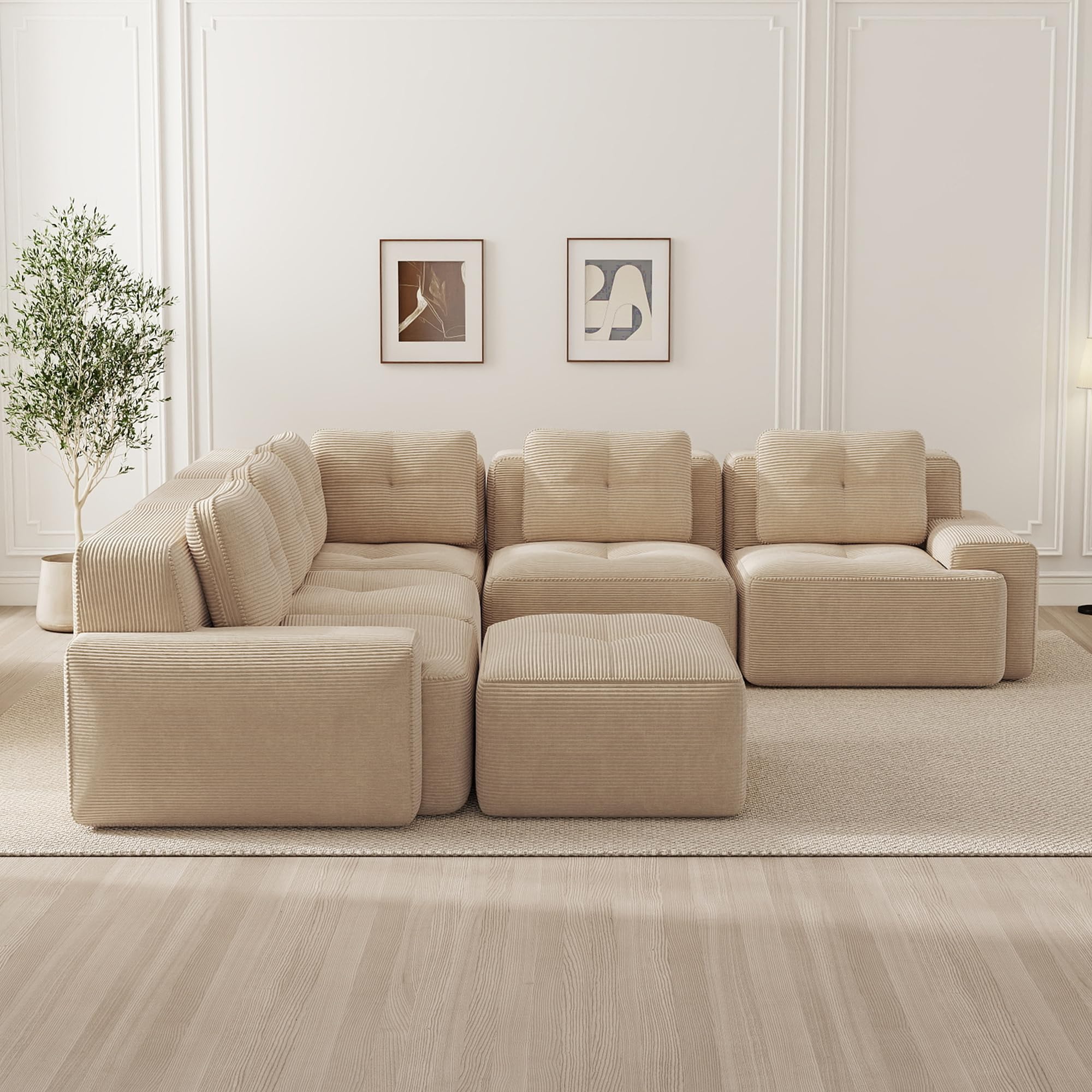 Gran sofá de esquina convertible, sofá modular de 295 cm, 6 plazas con puf, sofá de esquina en U, sofá cómodo de terciopelo de aspecto nublado, combinaciones libres, no requiere montaje, beige