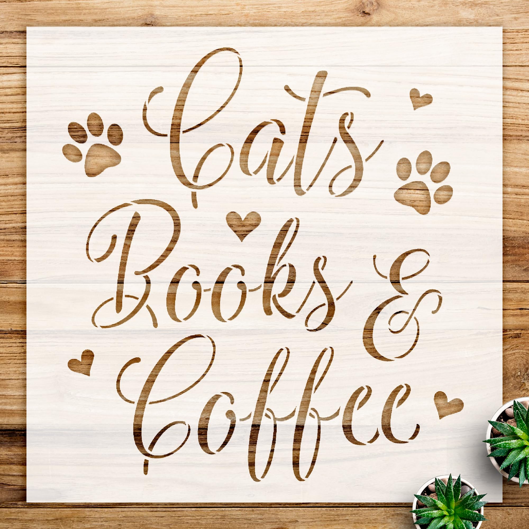 Cats Books Coffee Stencil Pattern for Walls and Crafts, Reusable Mylar Template with paw Prints and Hearts, Ideal for pet Lovers Home Decor and DIY Projects - Size A1 (23.4