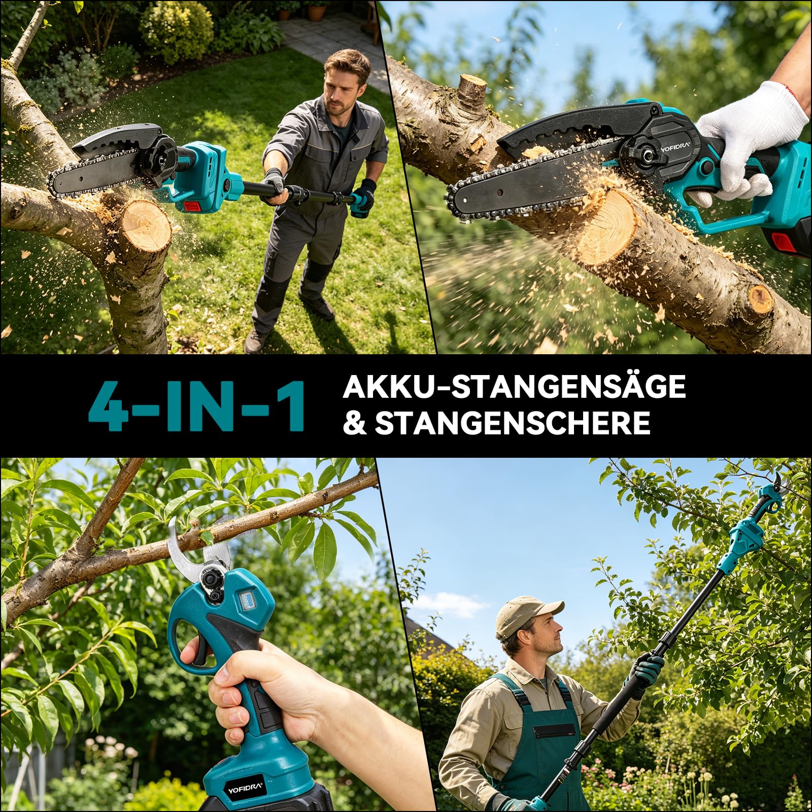 Yofidra 4-in-1 Akku Hochentaster, 6 Zoll Teleskop Kettensäge Akku & 30mm Elektrische Astschere, 180° Einstellbarer Winkel, Baumsäge Elektrisch mit 2x3.0Ah Akku, Teleskopstange bis zu 4,6m