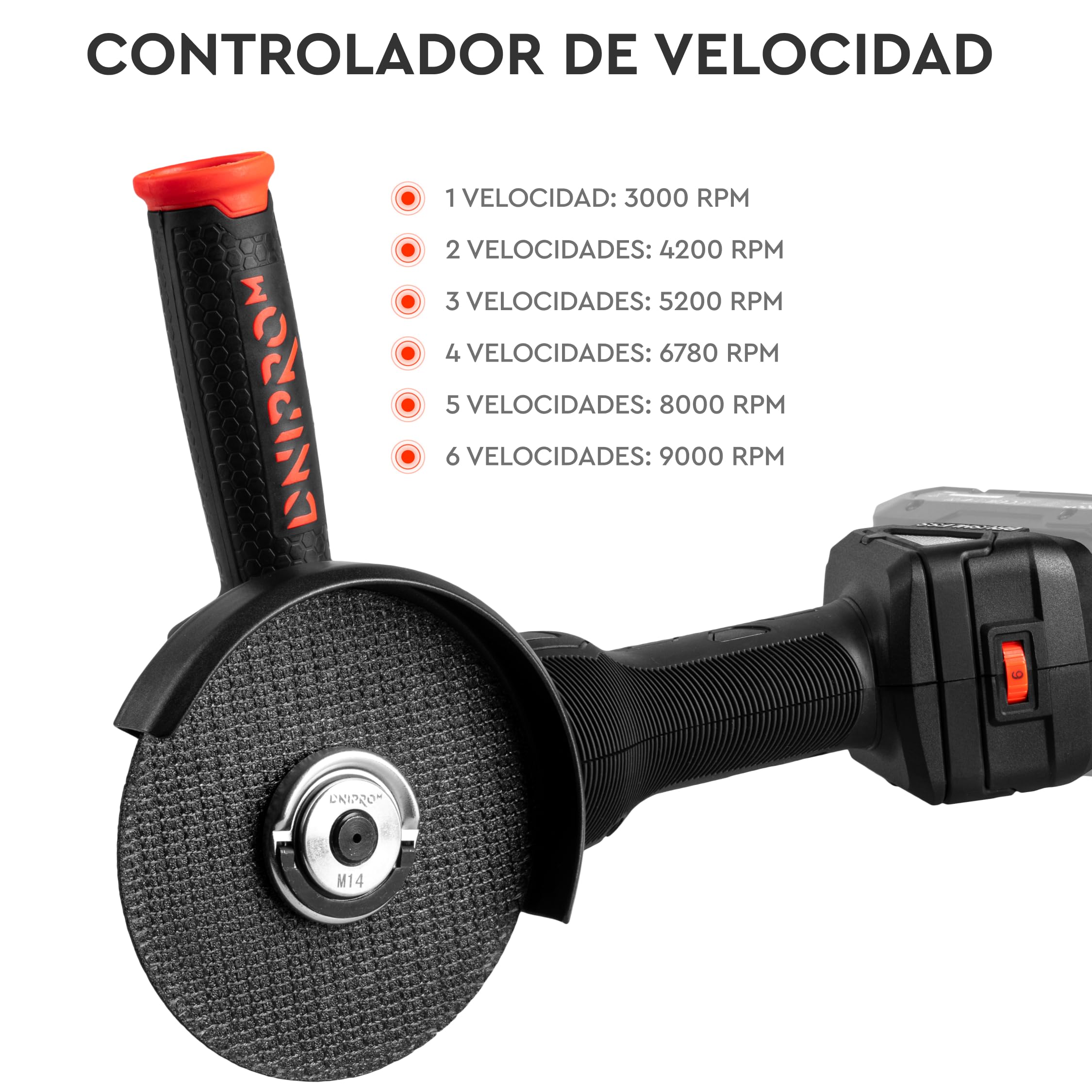 Amoladora Angular Inalámbrica DGA-202SBC 20V Brushless - Radial 125 mm con 6 Velocidades hasta 9.000 rpm, M14, Arranque Suave, Incluye Batería 6Ah y Cargador para Corte y Desbaste - por Dnipro-M