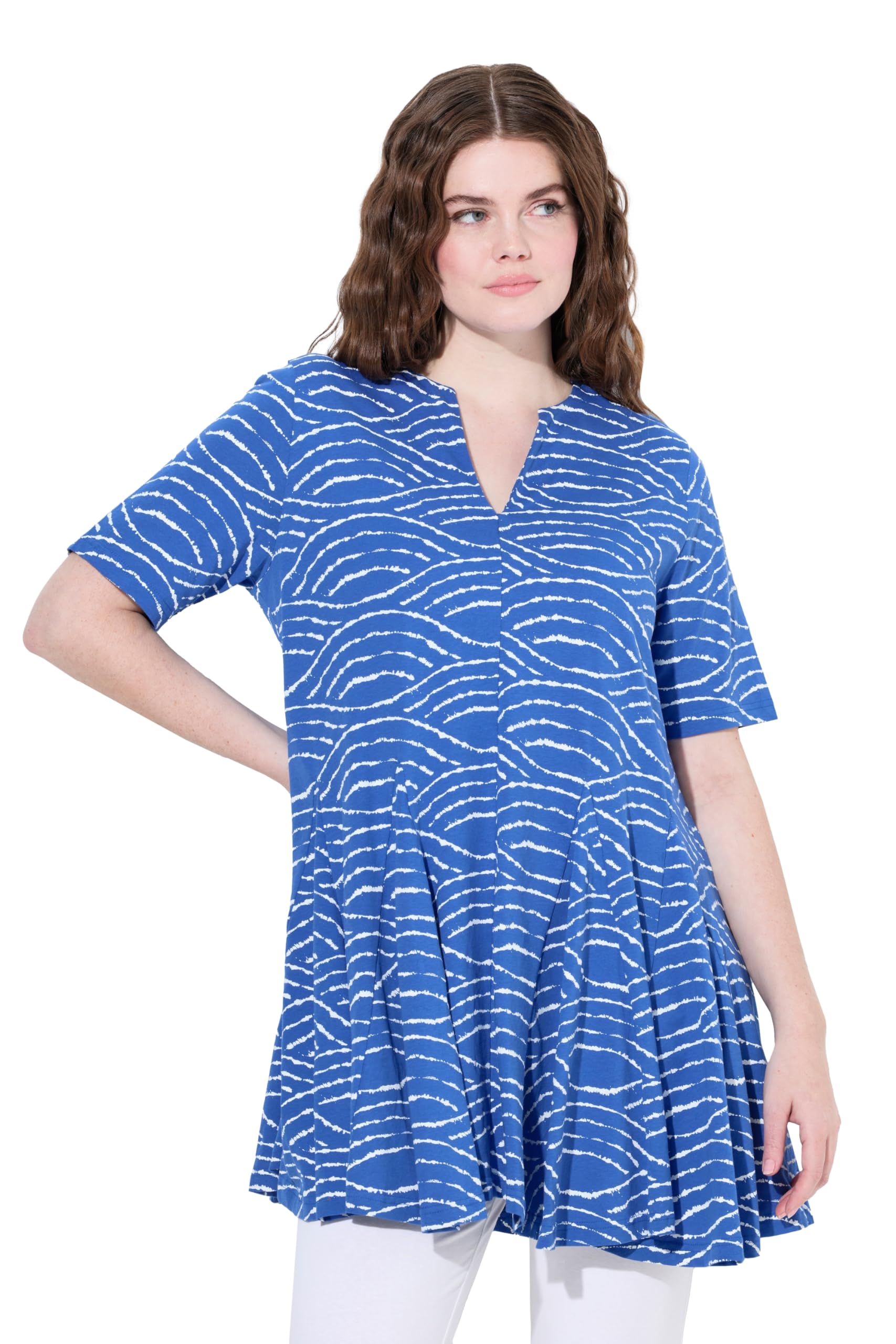 Ulla Popken Damen große Größen Übergrößen Plus Size T-Shirt, Wellen, Tunika-Ausschnitt, Halbarm, Biobaumwolle 840634
