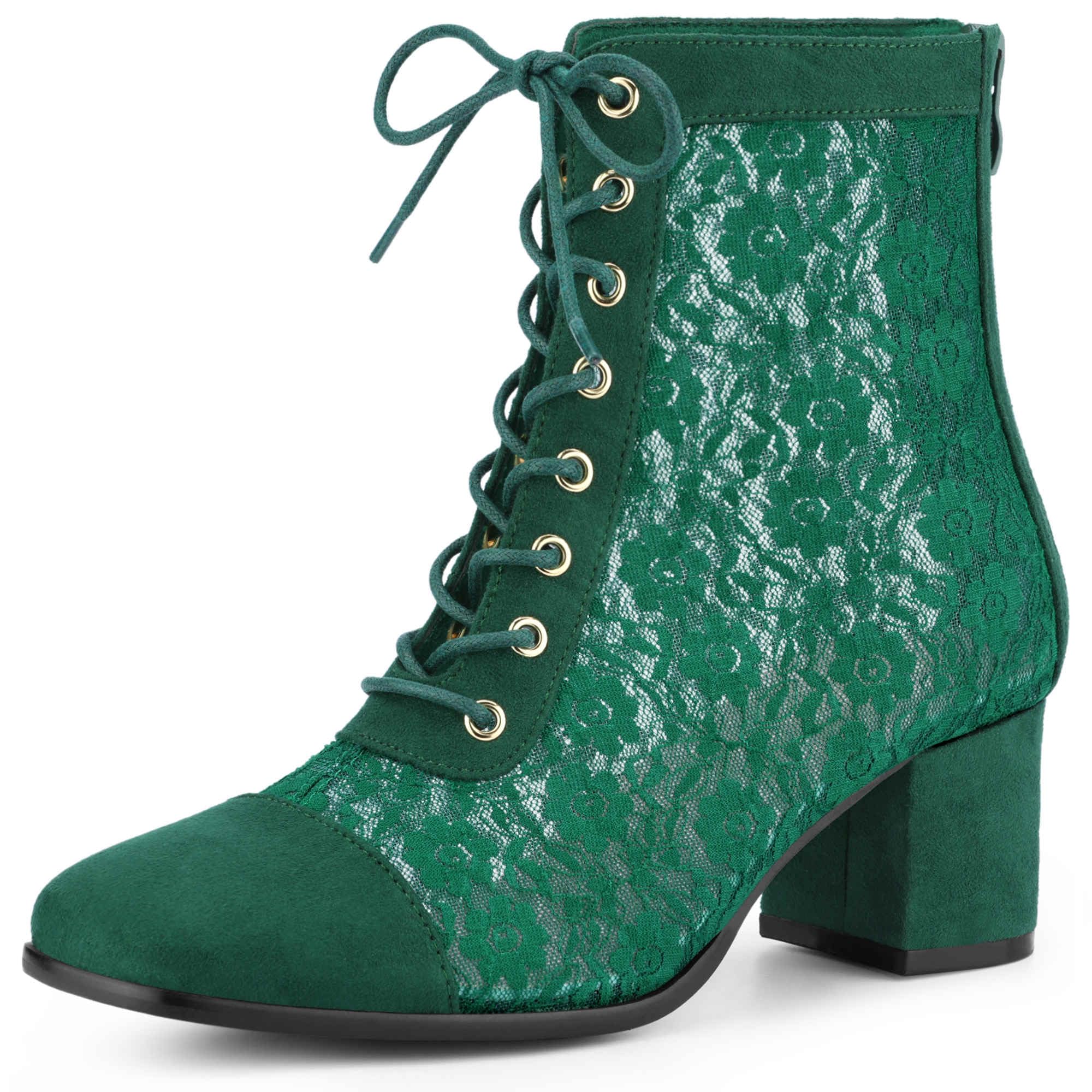 Perphy Square Toe Lace Up Floral Lace Block Heels Ankle Boots for Women