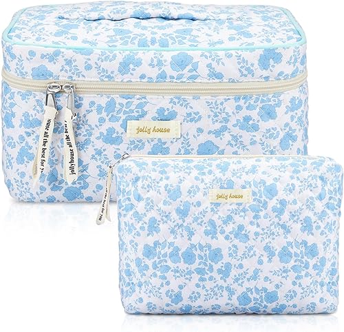 2 bolsas de maquillaje acolchadas de algodón, bolsa grande de viaje para cosméticos, estética, linda peonía floral, organizador de artículos de