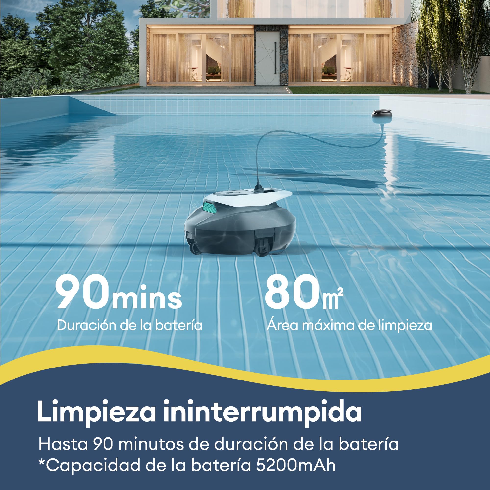 Ultenic Robot Aspirador Piscina con Control Remoto/App, 3 Motores, Recogida sin Gancho, Robot Limpiafondos sin Cable, Autoaparcamineto, Trabaja hasta 90Min, 80m²