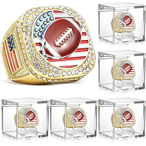 Landical 6 Set Baseball Football Soccer Championship Ring with Display Case and Stand Holder Championship Ring Case Acrylic Display Box and Holder Champion Trophy Rings for League Winner