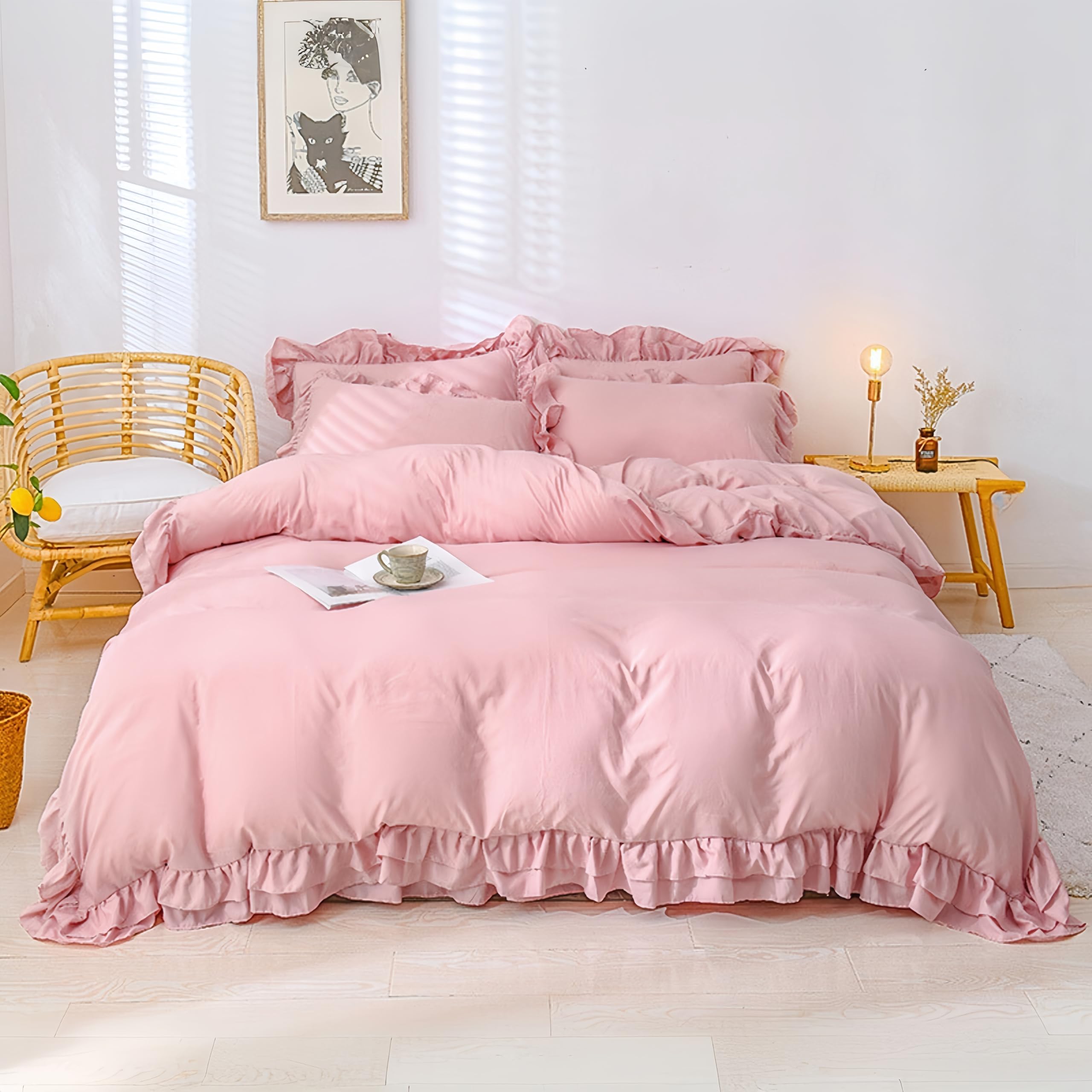 Romántico juego de ropa de cama beige con volantes, 4 piezas, 135 x 200 cm, funda de edredón acogedora con volantes, funda de edredón de microfibra gris pardo y 2 fundas de almohada de 80 x 80 cm