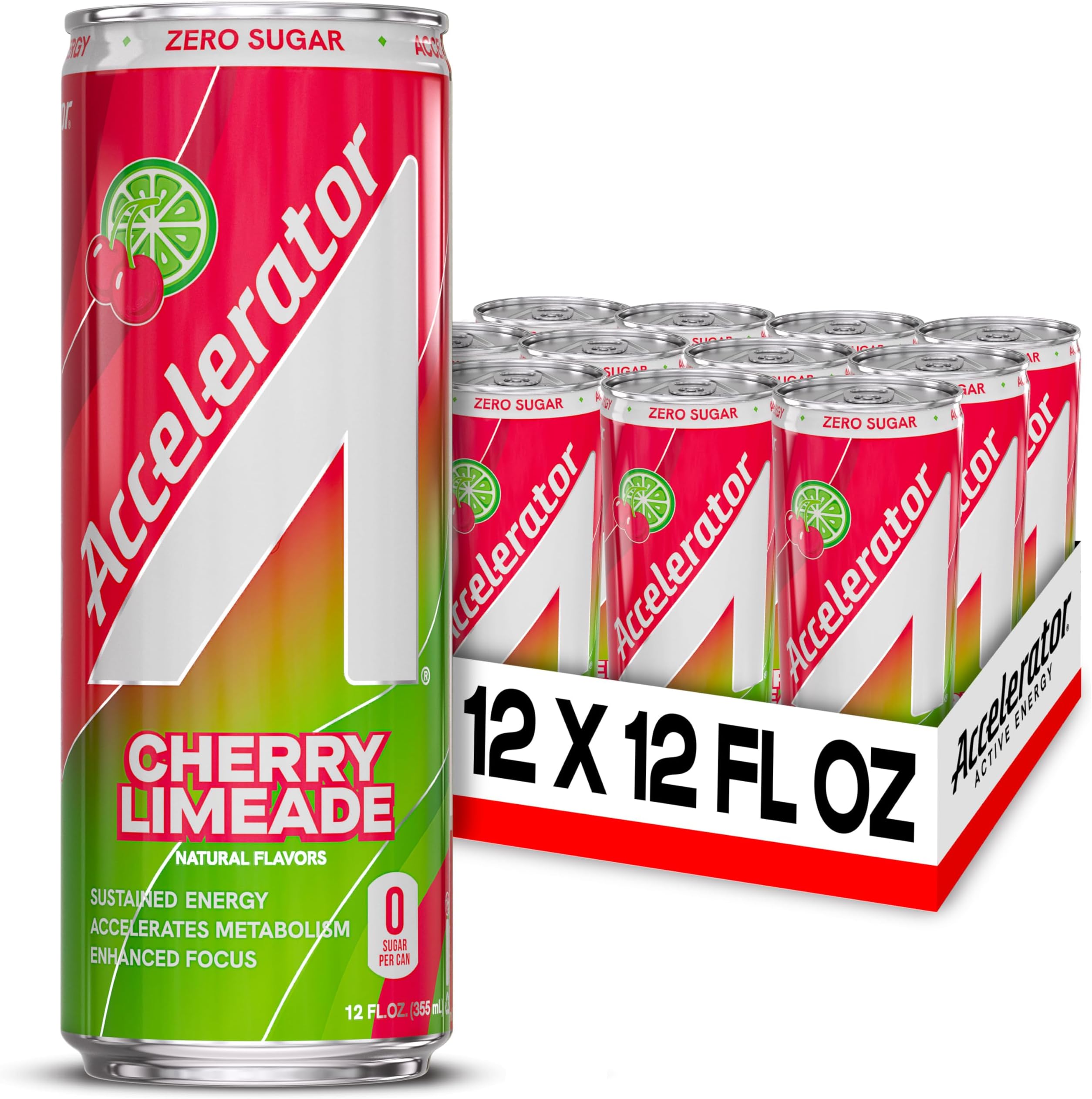 Energy Drink, Cherry Limeade 12oz can (12 pack), Zero Sugar, Sustained Energy from 100% Natural Caffeine (200mg from Green Coffee Bean & Green Tea extract)