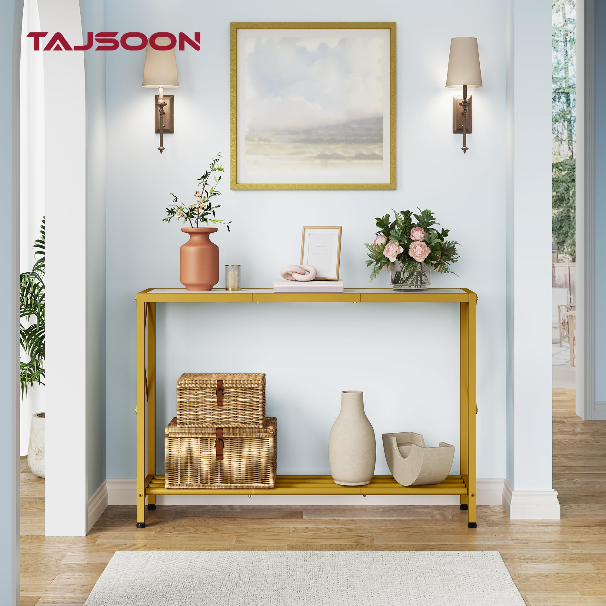 Tajsoon Eingangstisch, 106 cm, 2-stufiger Eingangs Konsolentisch, Schmaler Sofatisch mit Ablagen, Ideal für Flur, Eingangsbereich, Wohnzimmer, Foyer, Korridor und Büro, Gold und Weiß