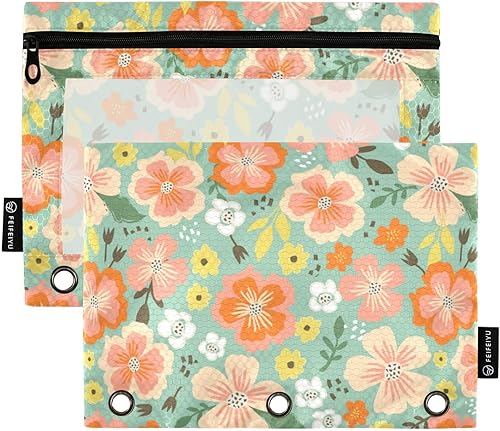 Gredecor Estuche para lápices con 3 anillos, hermosas flores abstractas, color verde azulado, con cremallera, 2 unidades, organizador transparente