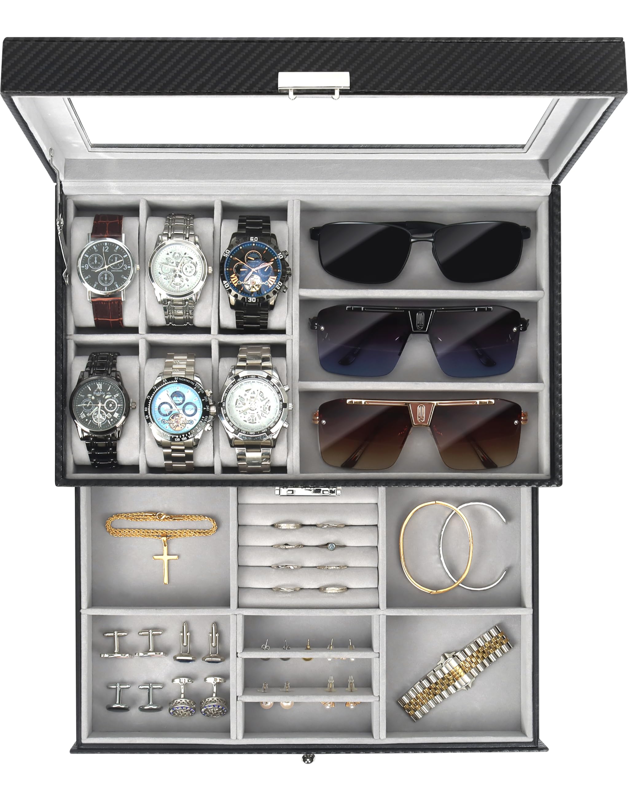 Kukikan Mens Jewelry Box Organizer, 6 Watch Slots & 3 Sunglasses -Grey | 2-Layer Lockable Watch Case for Men, Large Glass Lid, Mens Room Accessories Jewelry Case, Watch Display Holder with Drawer