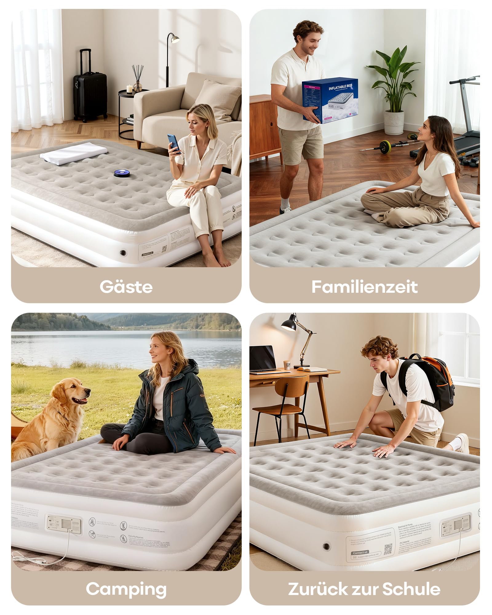 Luftmatratze mit integrierter Pumpe, automatisches Nachfüllen, 2,5 Min Schnellaufblasen, weiche Beflockung, leiser Betrieb, für 2 Personen