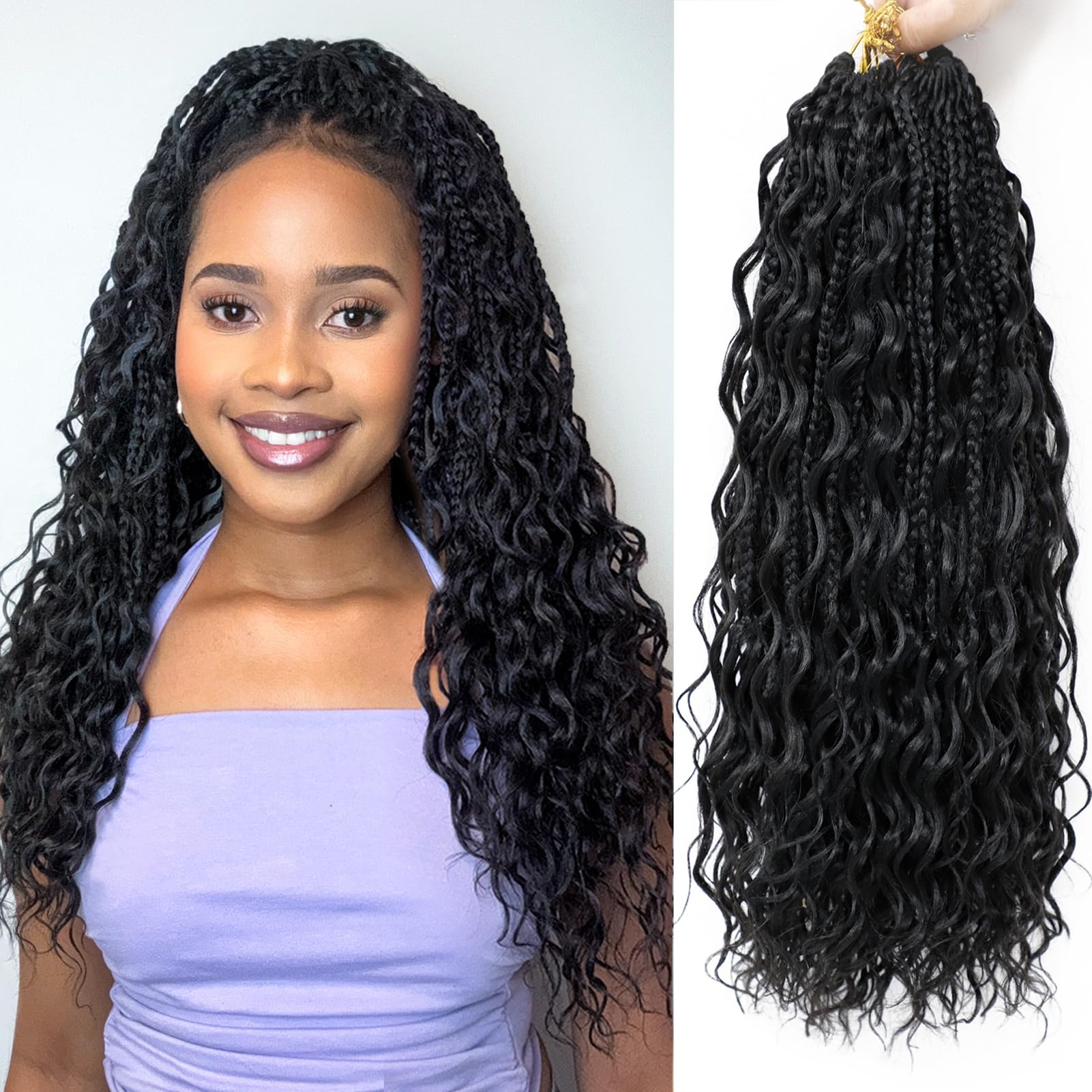 Vomella Goddess Box Braids Crochet Hair for Women 18 Inch 8 Packs Boho Crochet Box Braids with Curly Ends (18inch,1B)