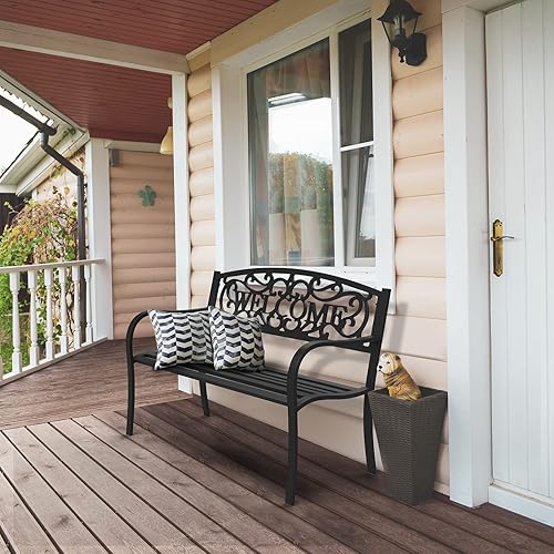 Miniatura 8 de VINGLI Banco de exterior para patio, banco de jardín de metal con patrón de respaldo de PVC, banco de acero negro para exteriores, banco de