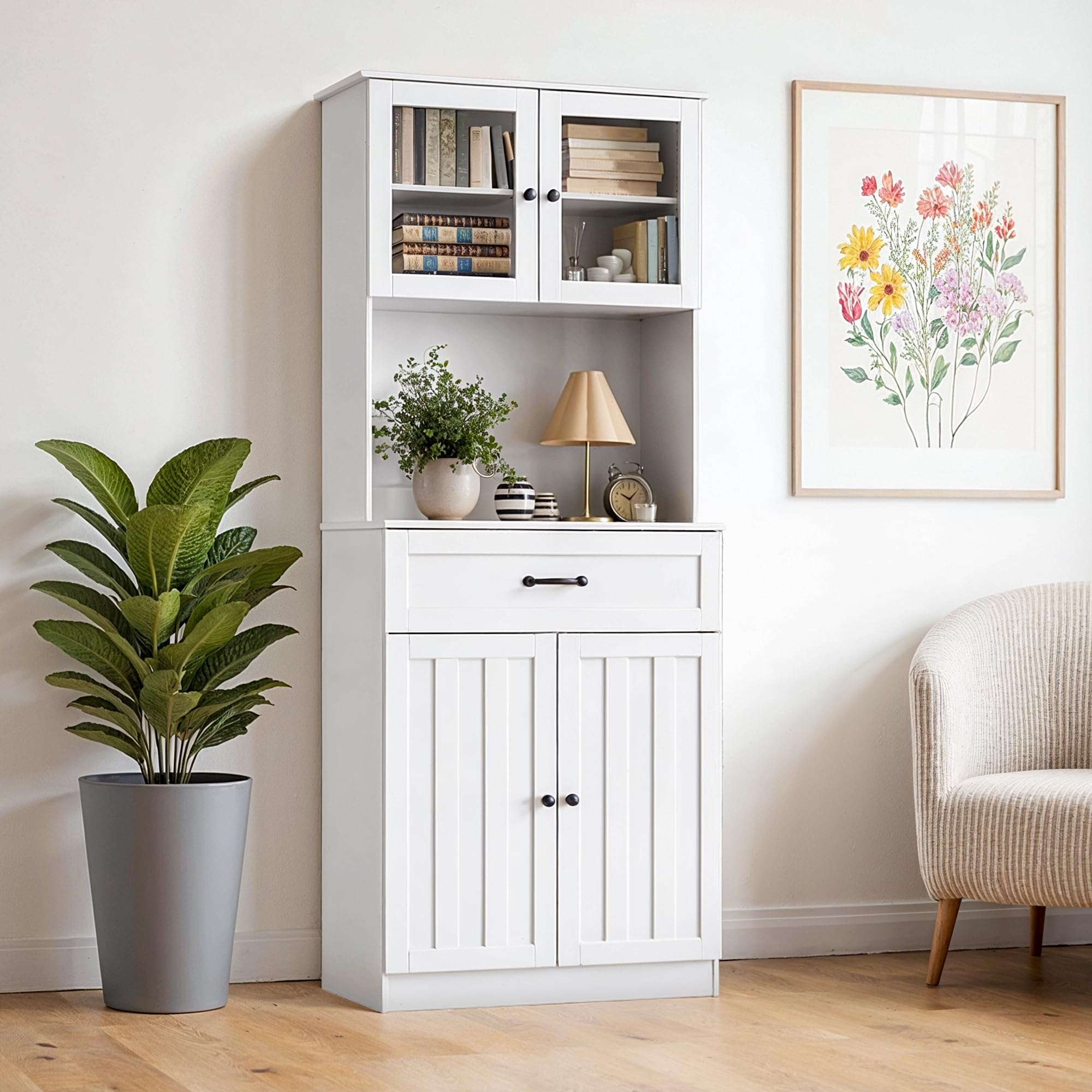 Credenza Cucina Alta,Mobile Dispensa Cucina,Armadio Buffet con 4 Ante e 1 Cassetti,con Ripiani Regolabili Scaffale per Microonde,73 x 40 x 180CM, Bianco