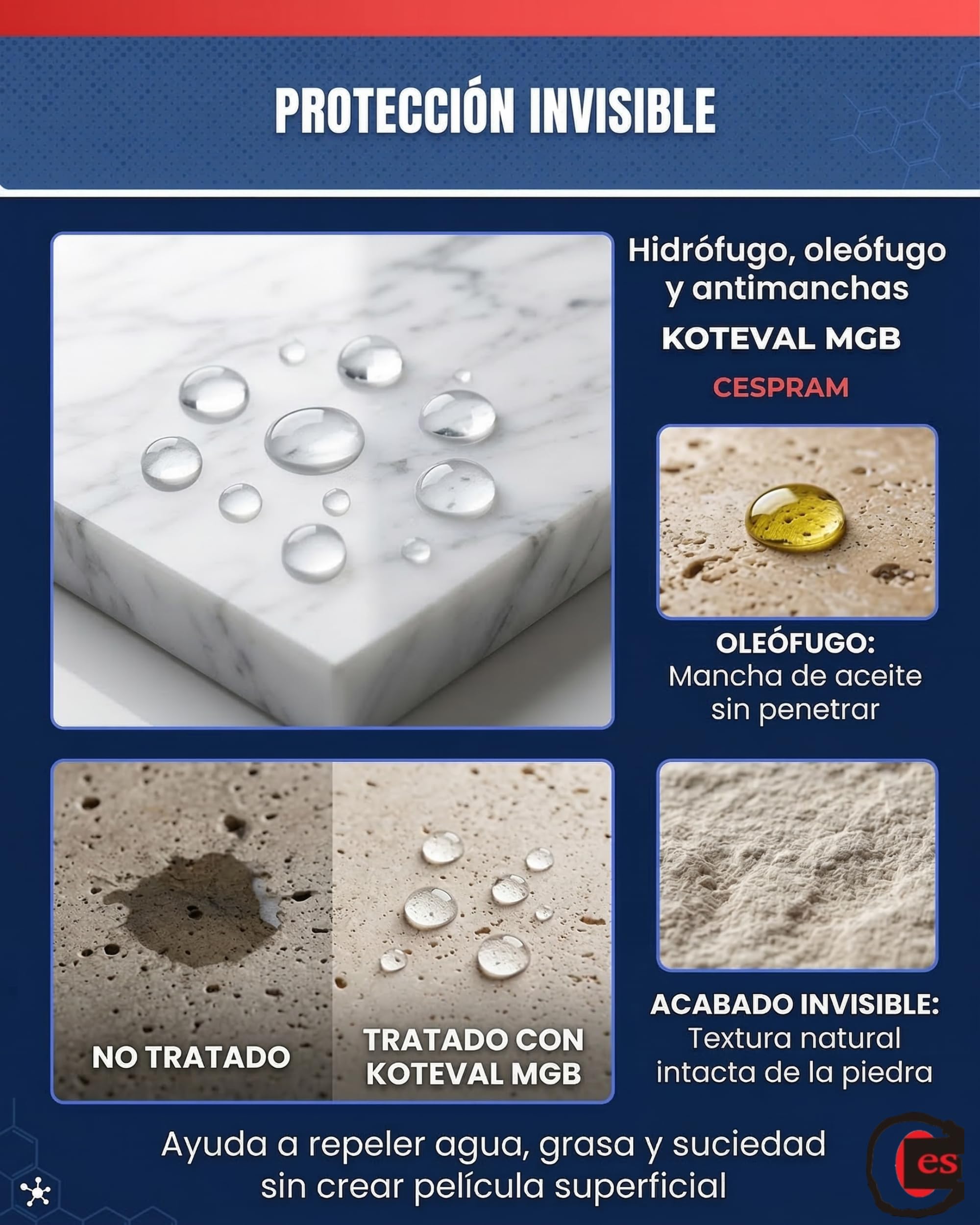 KOTEVAL MGB 1 L Antimanchas para Mármol, Granito y Piedra Natural, Protector Hidrófugo Oleófugo Invisible, Ayuda a Repeler Agua, Grasa y Suciedad en Superficies Porosas