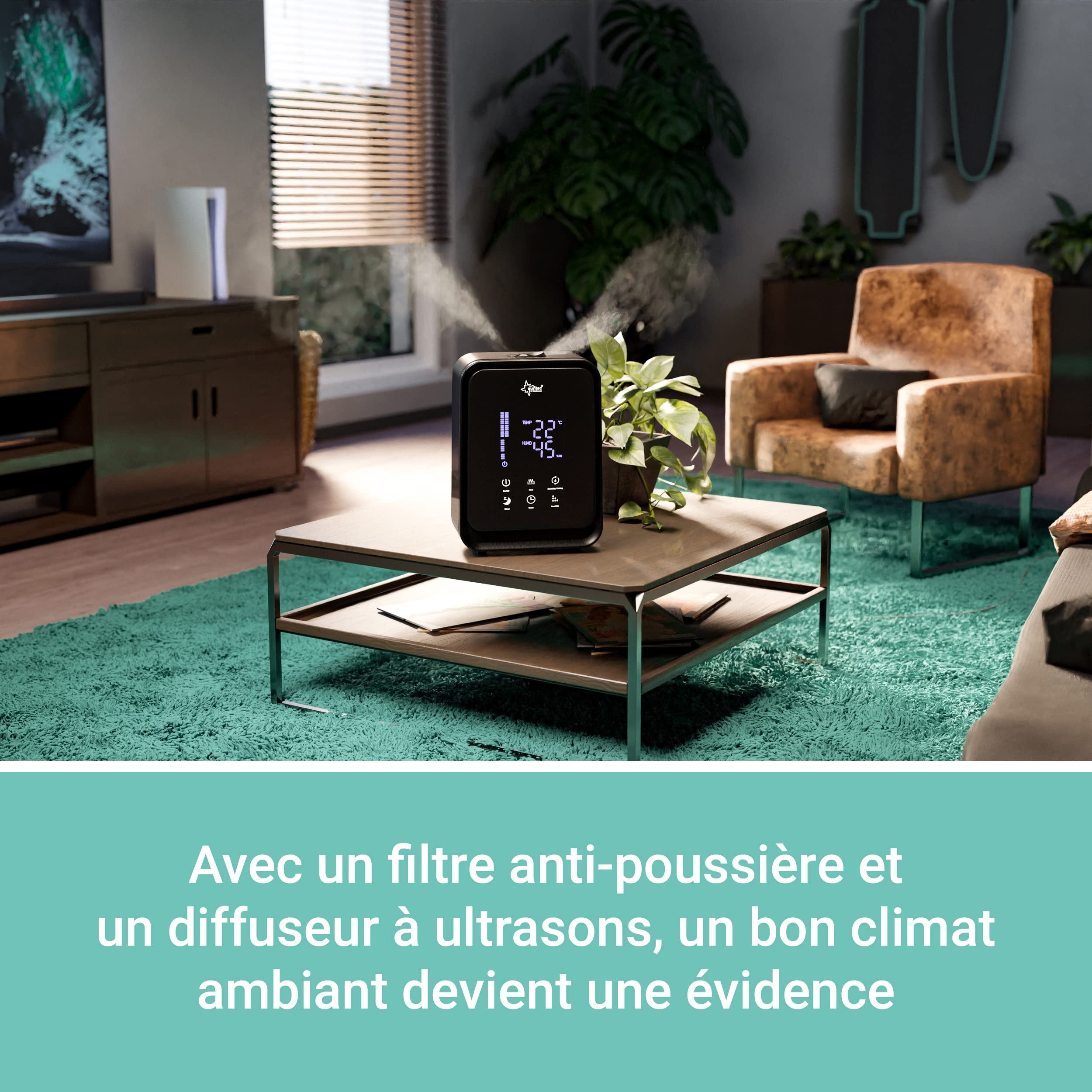 SUNTEC Humidificateur à Ultrasons Monsun 6000 Noir Silencieux | Diffuseur d'Arômes Avec Réservoir d'eau de 4,5 l | Nébuliseur avec 3 niveaux de Brume, minuterie et ioniseur