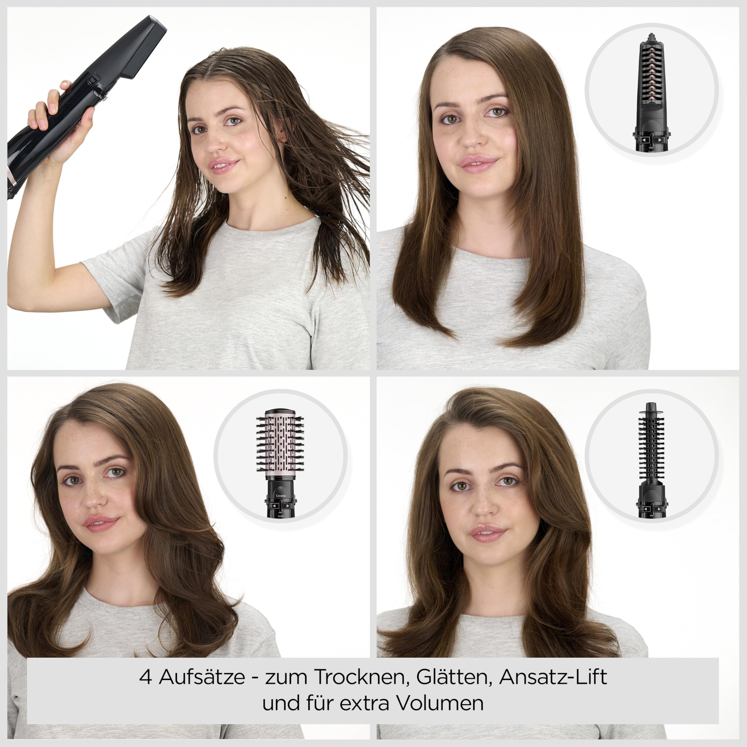BaByliss Dry, Straighten and Style - Rotierende Warmluftbürste, 1000W Ionen Rundbürstenföhn mit 4 Aufsätzen zum Föhnen, Glätten, Volumen kreieren, Schwarz, AS200E