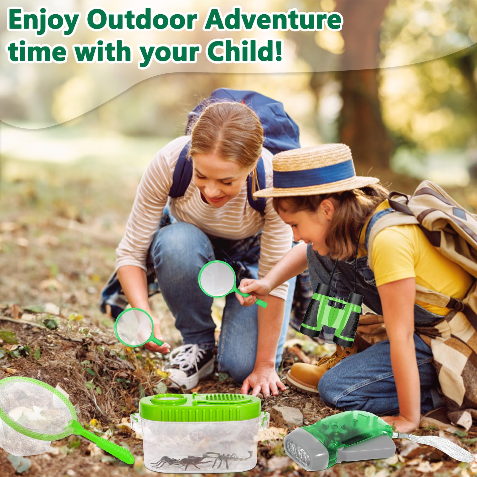 Kit Explorador Niños 23 Piezas – Juego Exploración Infantil con Prismaticos, Lupa, Caja Insectos, Chaleco, Sombrero, Linterna y Red – Disfraz Aventura para Jardín, Camping y Naturaleza