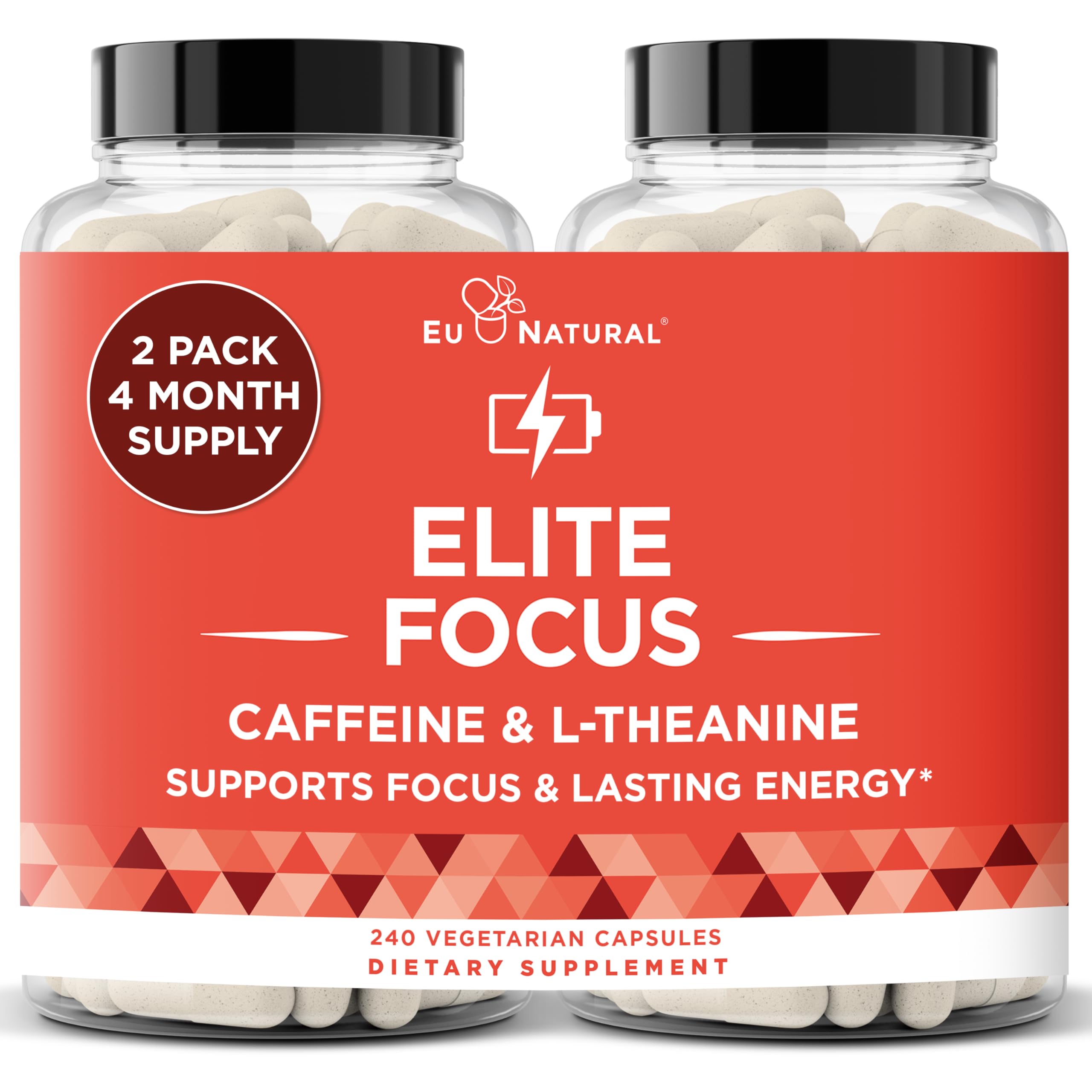 Elite Caffeine Pills with L-Theanine – Jitter-Free Focused Energy Supplements – Clean & Natural Nootropic Stack for Smart Cognitive Performance – 240 Soft Capsules