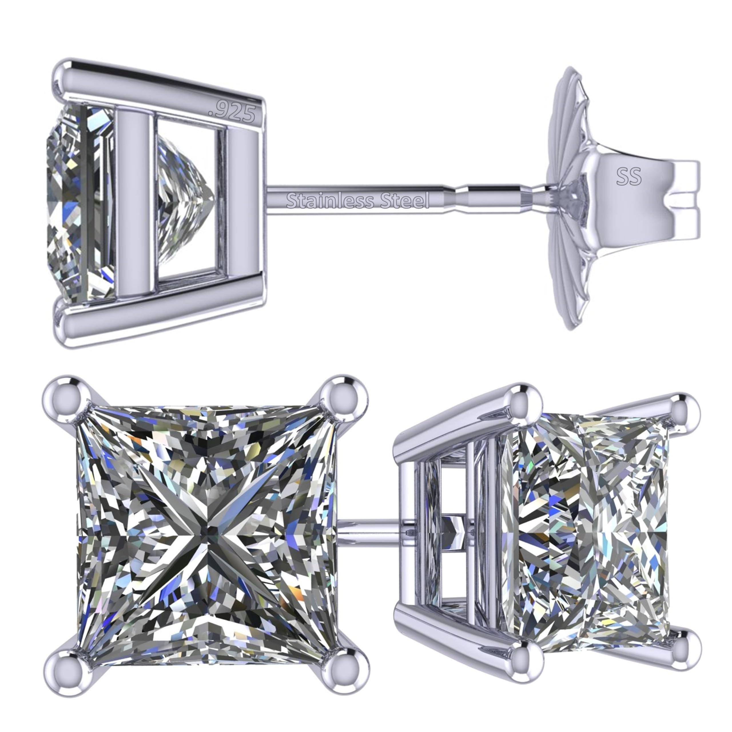 NANA Jewels Princess Cut Simulated Diamond Stud Earrings Silver & CZ 1.50ct - 4.00ct Hypoallergenic