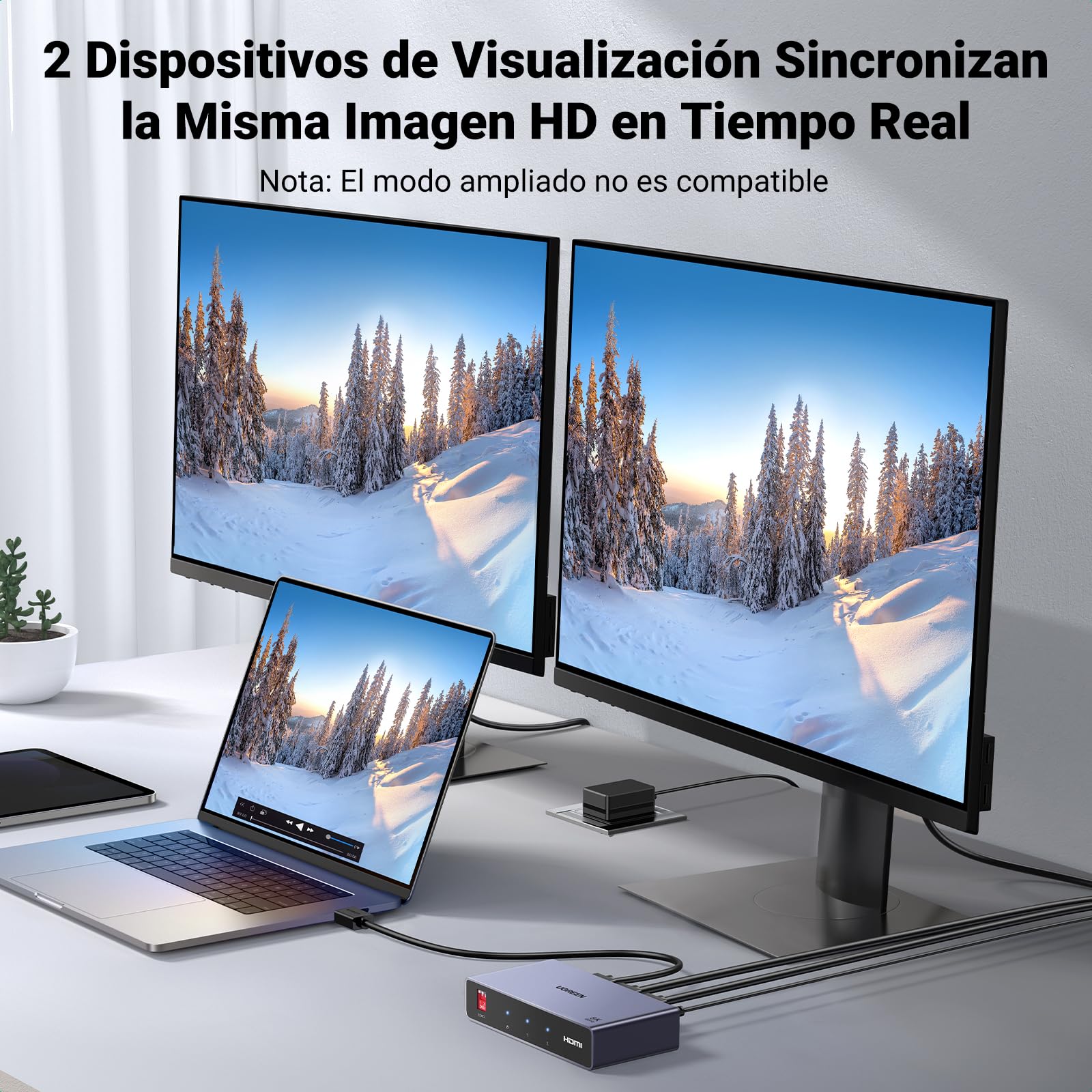 UGREEN HDMI 2.1 Splitter 1 Entrada 2 Salidas 8K@60Hz HDCP 2.2 3D HDR EDID Divisor para Monitores Duales Compatible con PS5/4 Xbox Switch TV Box BLU-Ray Player HDTV Proyector